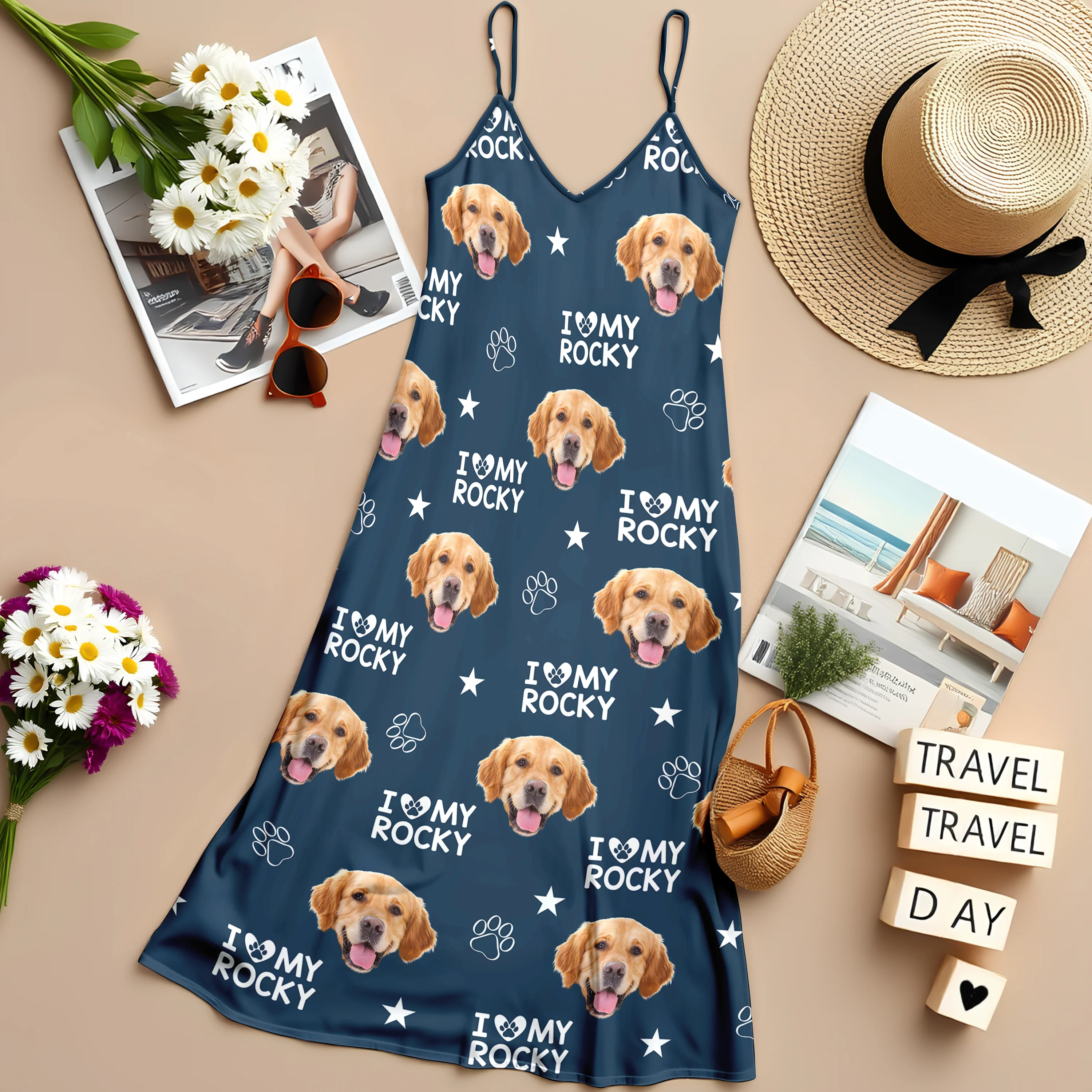 Custom Photo and Name I Love My Dog V-Neck Cami Maxi Dress HA75 892146 - Image 2