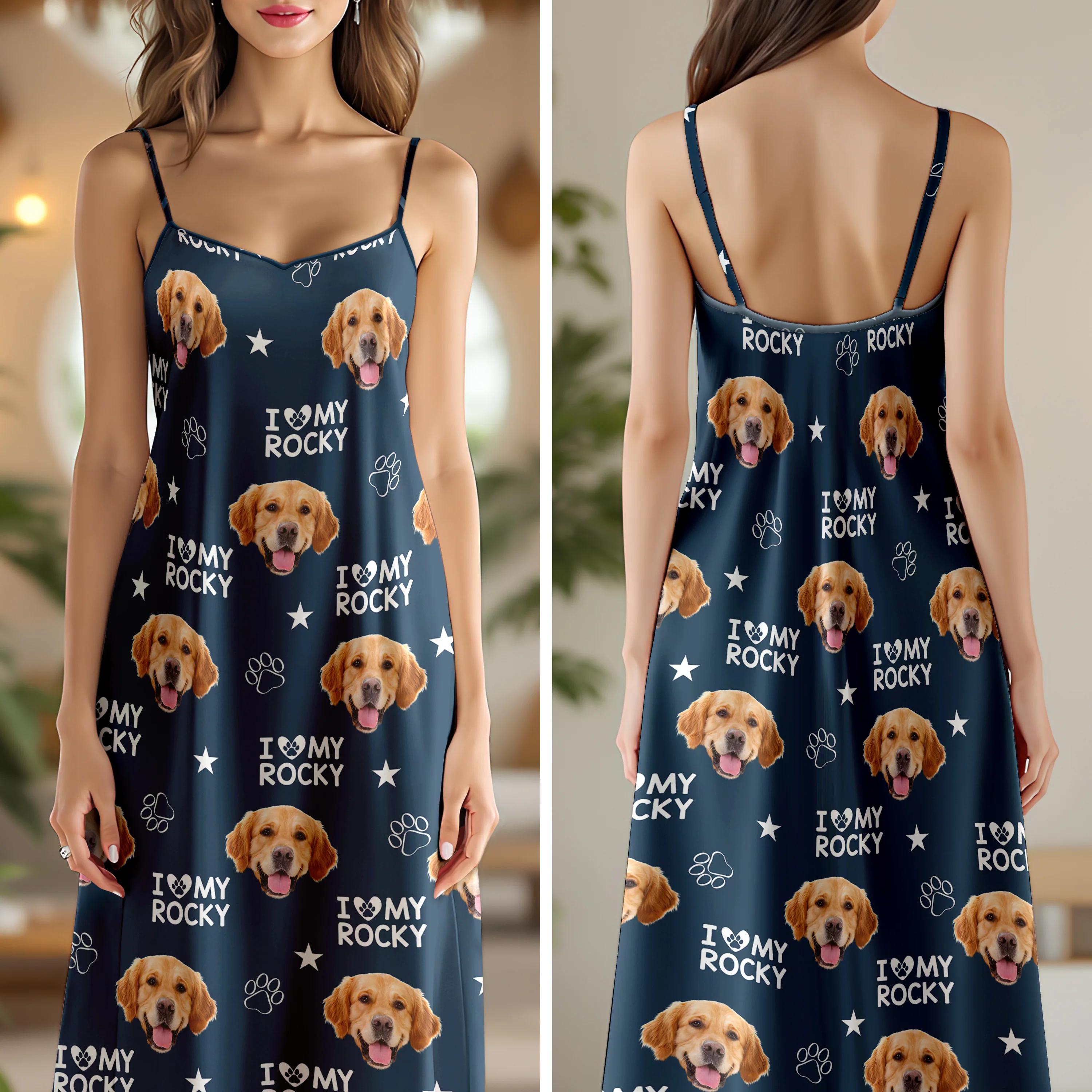 Custom Photo and Name I Love My Dog V-Neck Cami Maxi Dress HA75 892146 - Image 6
