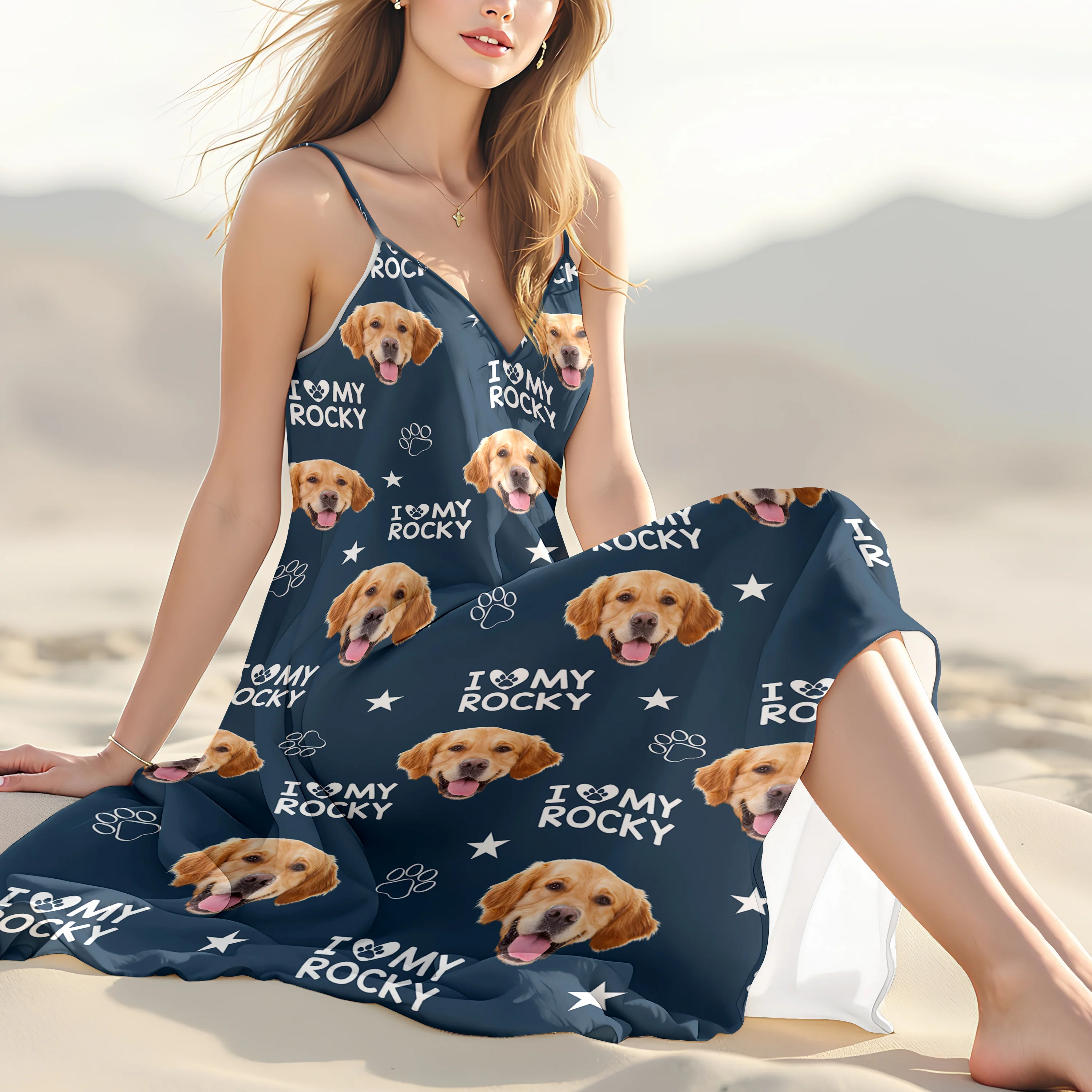 Custom Photo and Name I Love My Dog V-Neck Cami Maxi Dress HA75 892146 - Image 8