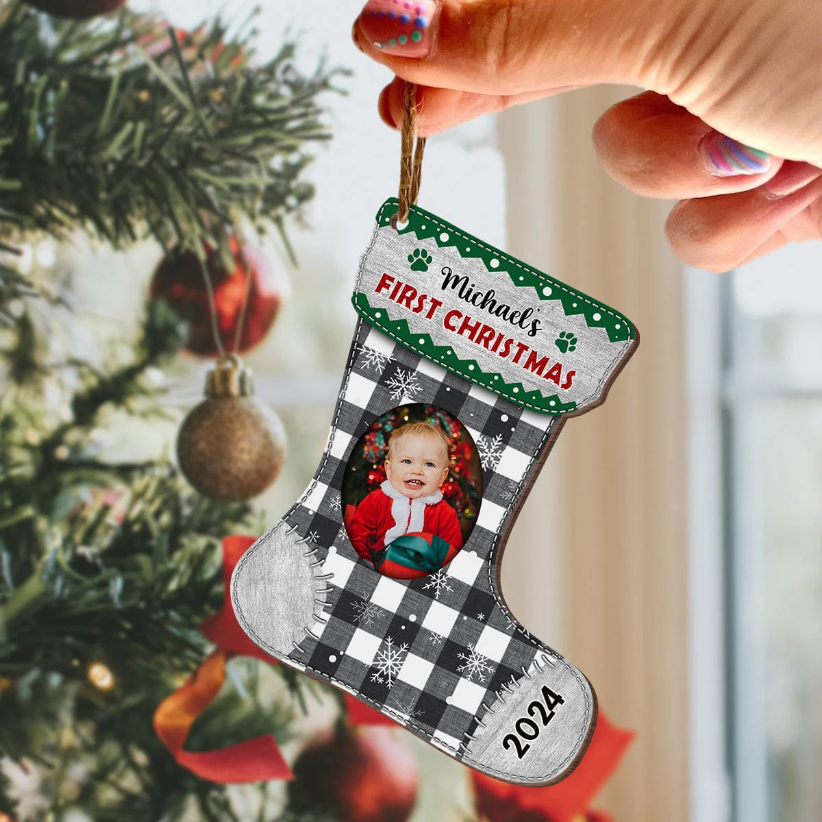 Custom Photo Baby First Christmas Stocking Wood Ornament HA75 891112 - Image 2