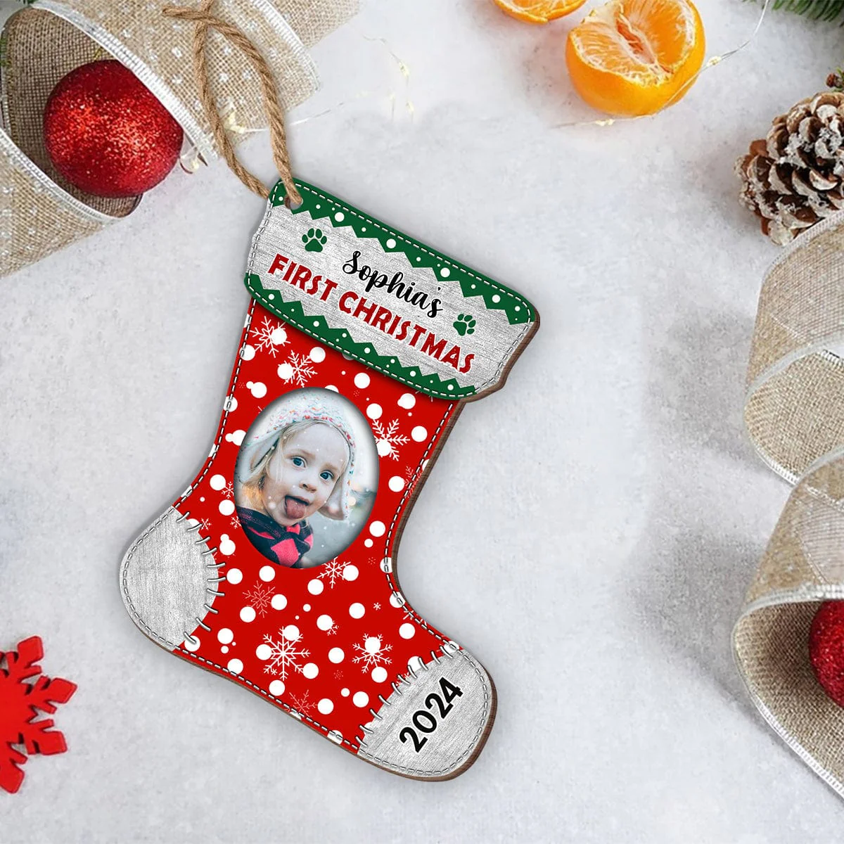 Custom Photo Baby First Christmas Stocking Wood Ornament HA75 891112 - Image 3