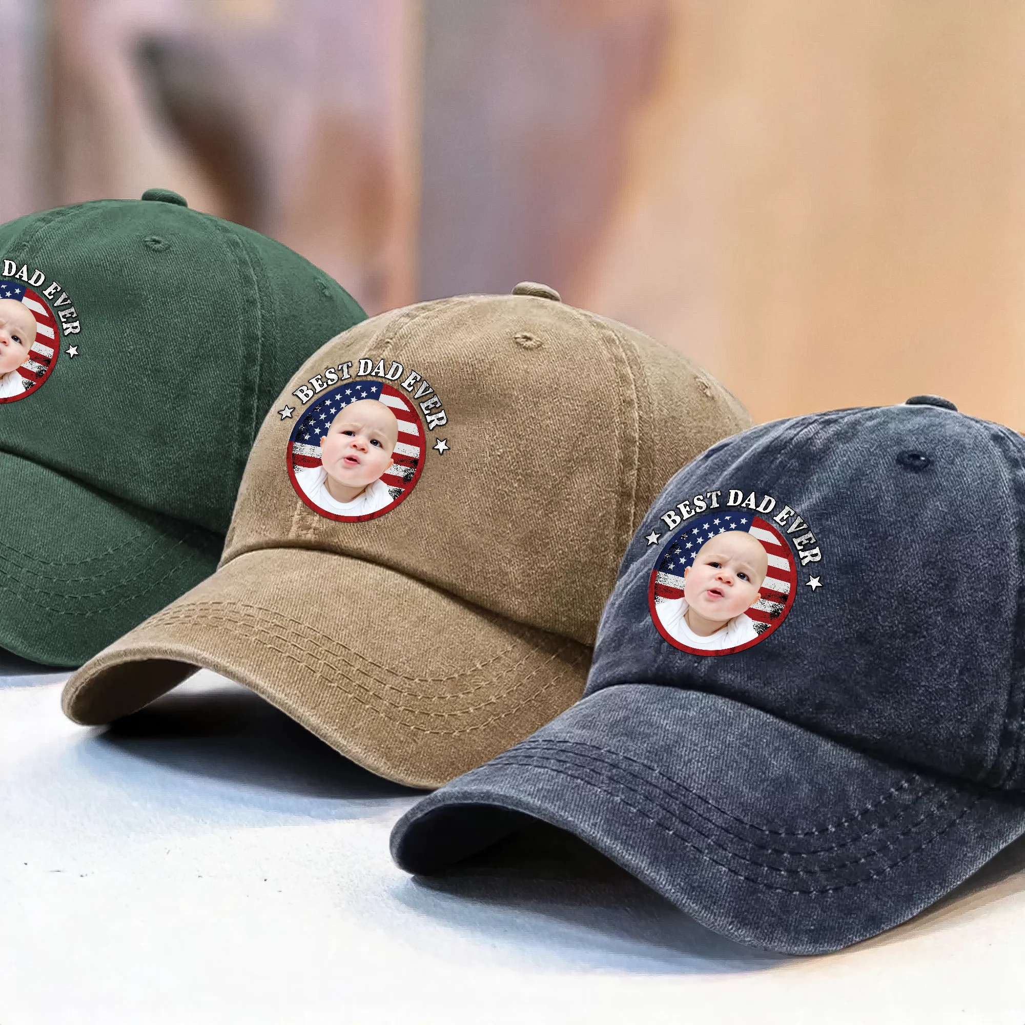 Custom Photo Best Dad Ever With US Flag Washed Denim Baseball Cap HA75 892528 - Image 4