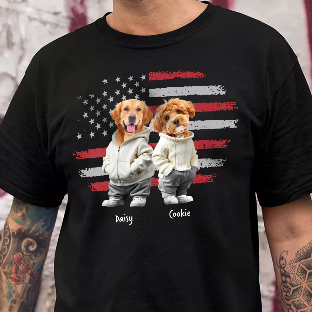 Custom Photo Best Dog Dad, Dog Mom Ever US Flag Back & Front Dark Shirt HA75 892396 - Image 2