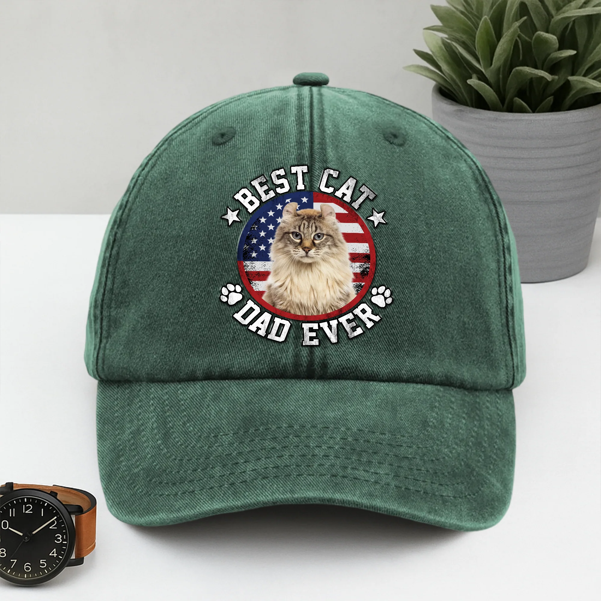 Custom Photo Best Dog Dad Ever With US Flag Washed Denim Baseball Cap HA75 892478 - Image 3