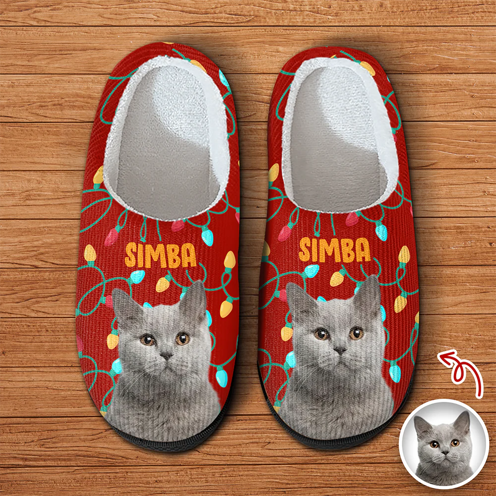 Custom Photo Cat Christmas Lights Slippers Unique Funny Gift HA75 897694 - Image 2