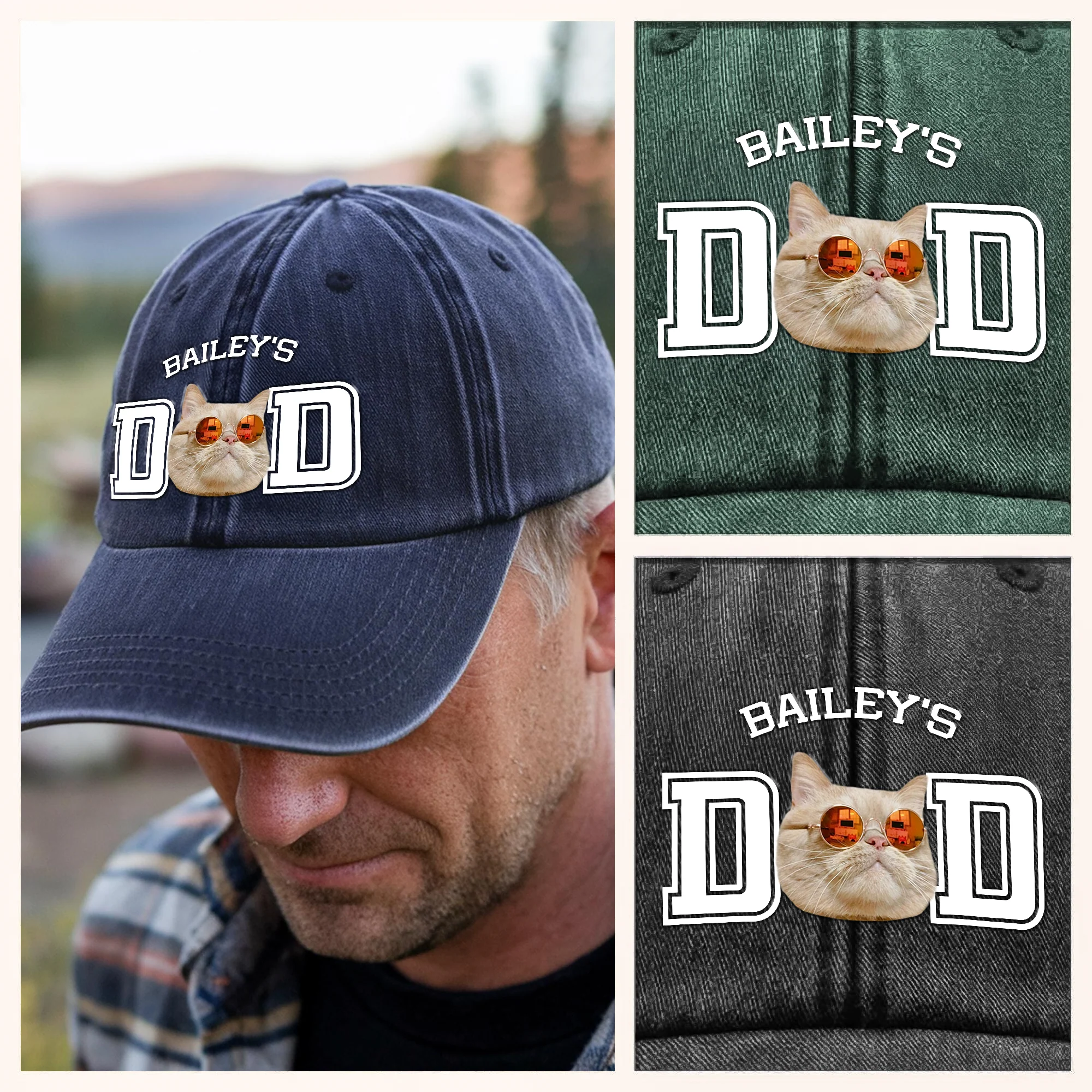 Custom Photo Dog Cat Dad Washed Denim Baseball Cap HA75 892466 - Image 20