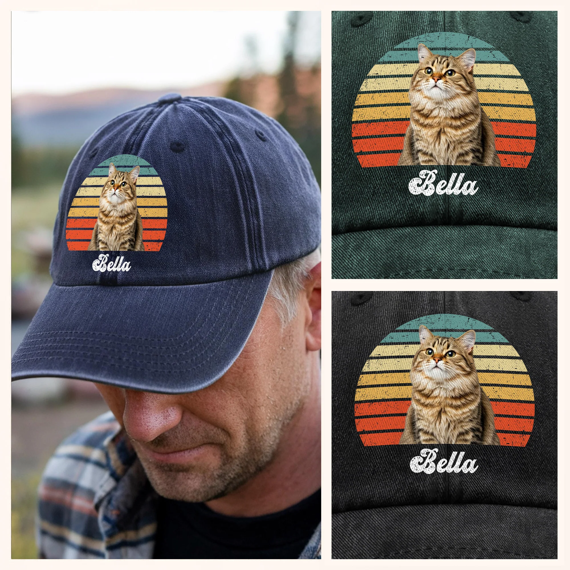 Custom Photo Cat Vintage Retro Washed Denim Baseball Cap HA75 897232 - Image 4