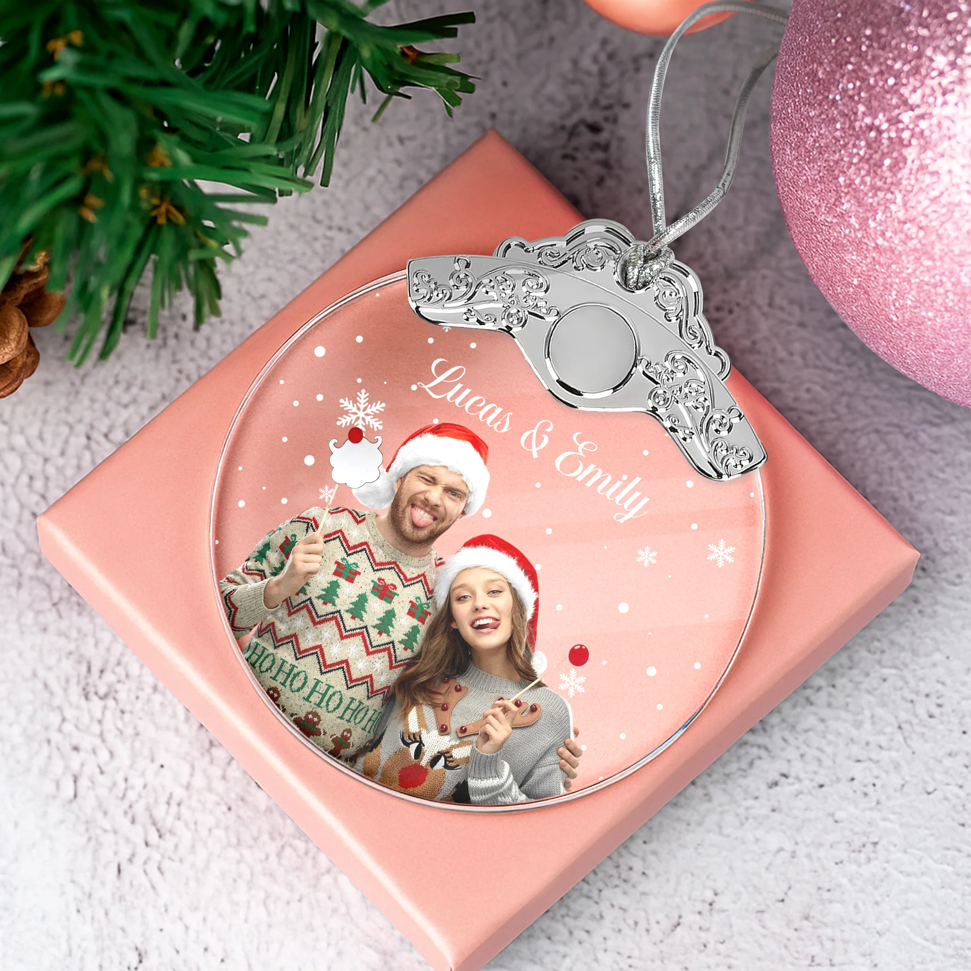 Custom Photo Couple Metal Glass Ornament For Christmas HA75 897178 - Image 5