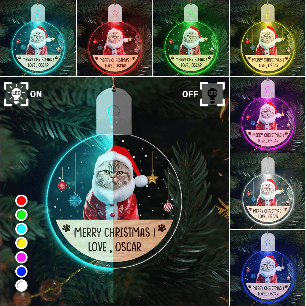 Custom Photo Dog, Cat Merry Christmas Circle Led Acrylic Ornament HA75 891664 - Image 2