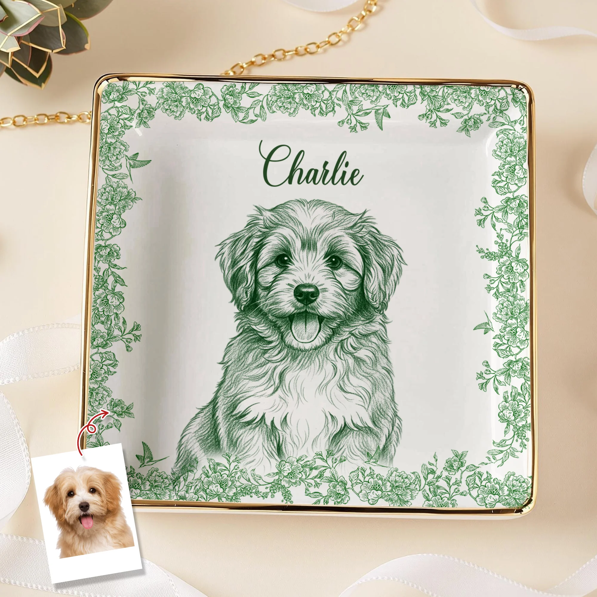 Custom Photo Dog Cat Toile De Jouy Style Jewelry Dish HA75 898320 - Image 2