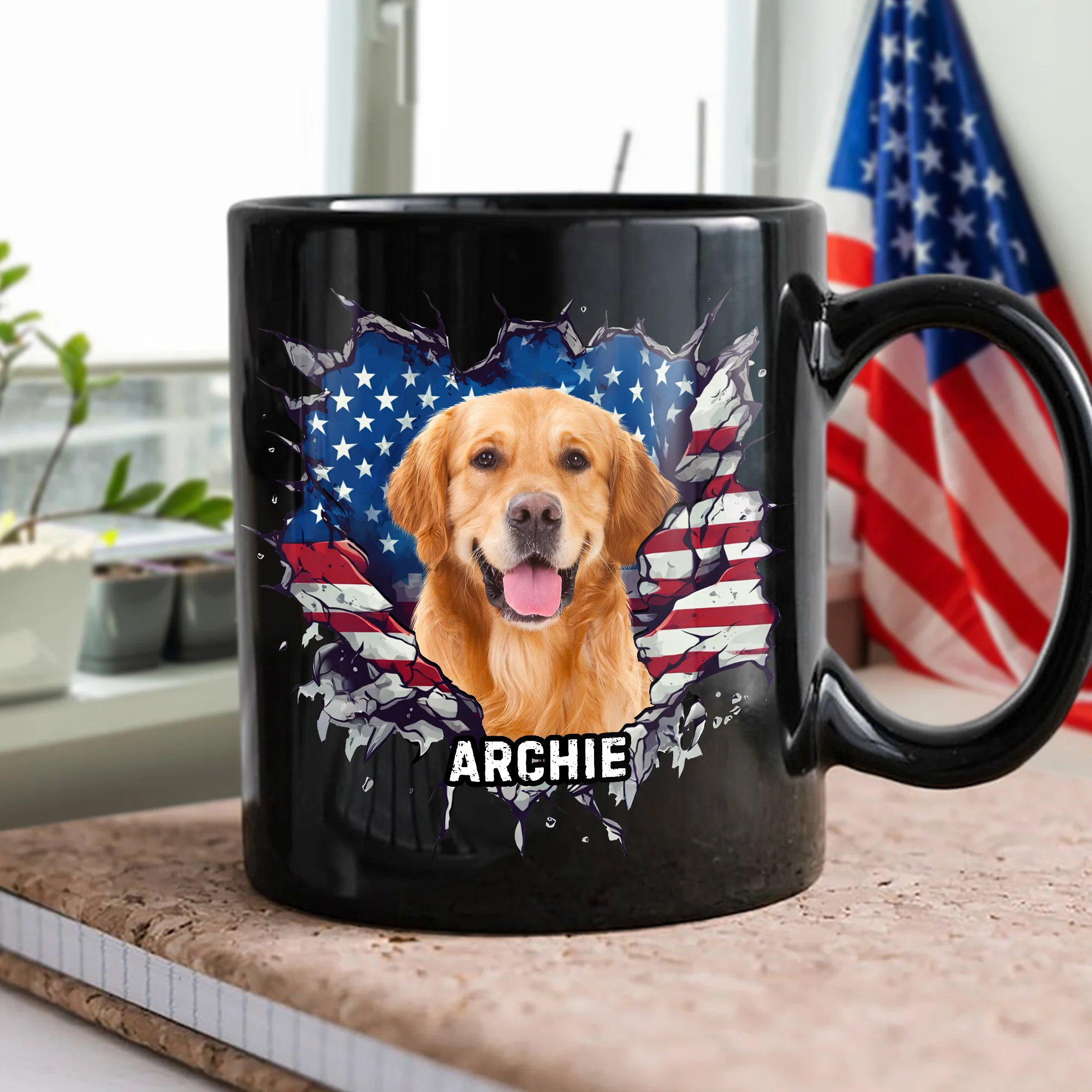 Custom Photo Dog Cat With American Flag Black Mug HA75 920082 - Image 2