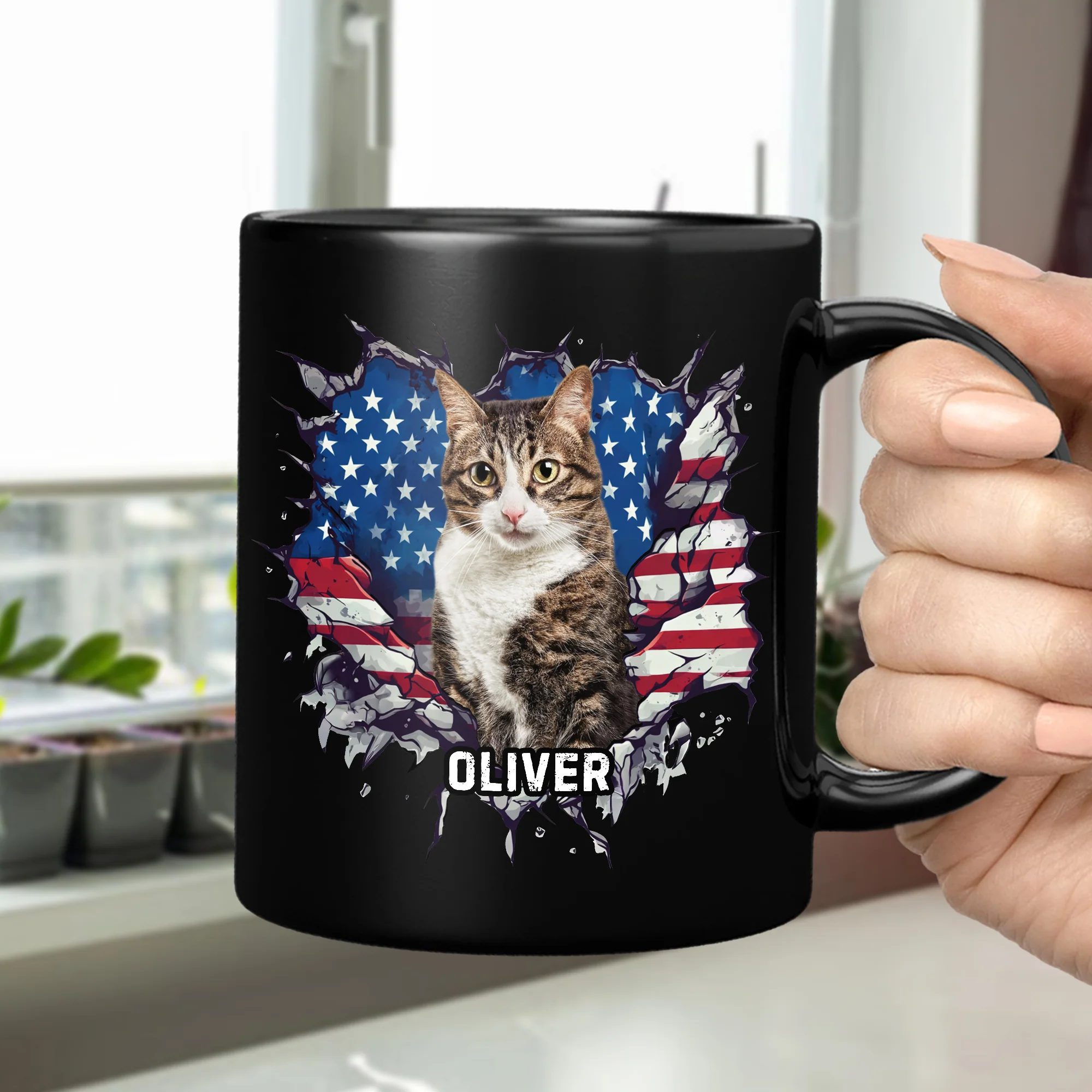 Custom Photo Dog Cat With American Flag Black Mug HA75 920082 - Image 3
