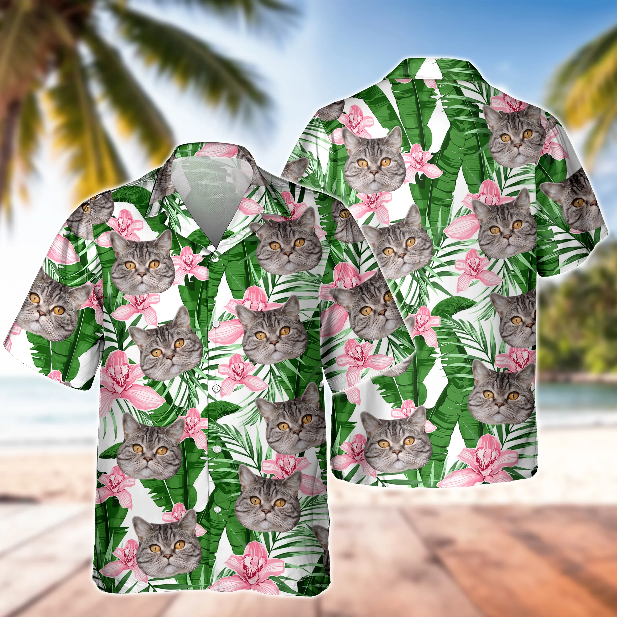 Custom Photo Funny Face Cat Family Vacation Tropical Pattern Hawaii Shirt HA75 892310 - Image 6