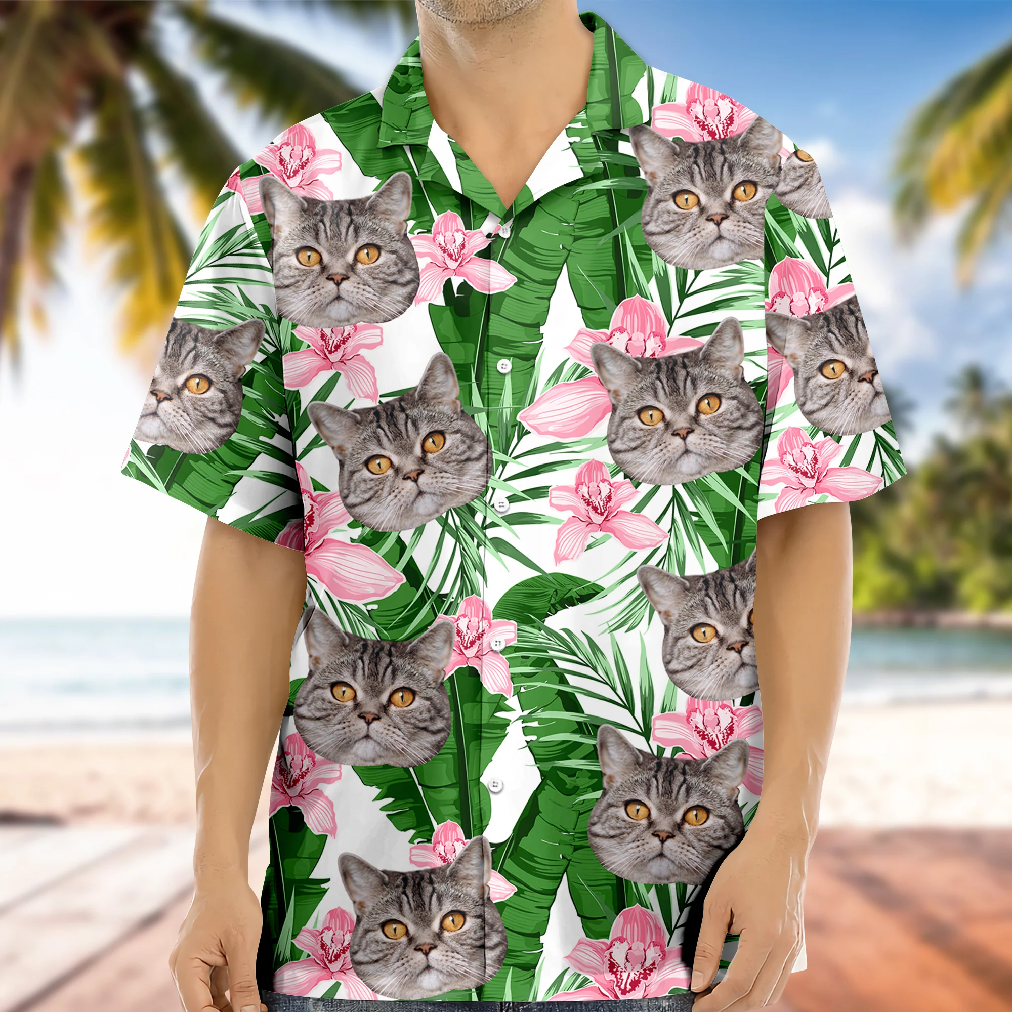 Custom Photo Funny Face Cat Family Vacation Tropical Pattern Hawaii Shirt HA75 892310 - Image 8