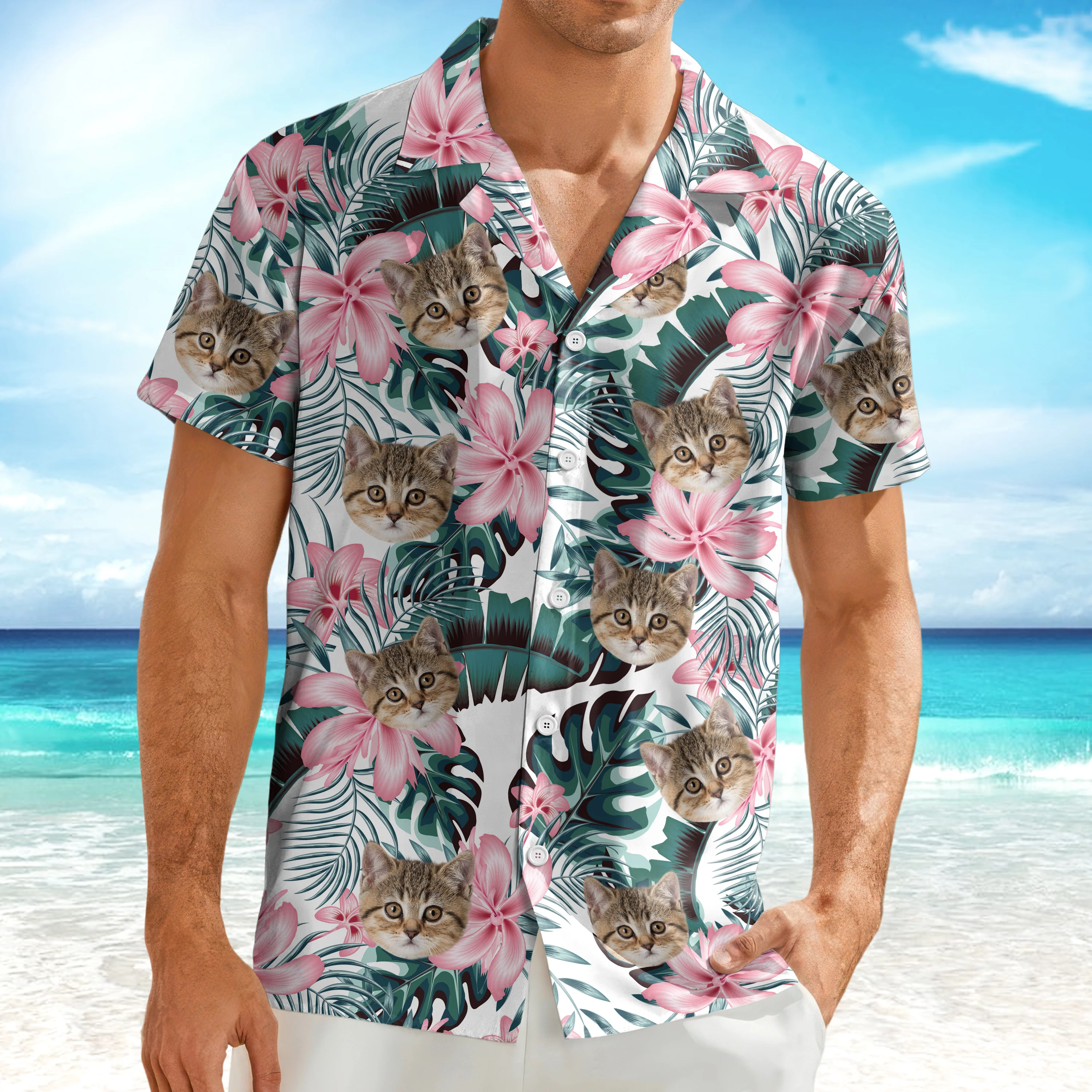 Custom Photo Funny Face Cat Tropical Floral Hawaii Shirt HA75 892262 - Image 2