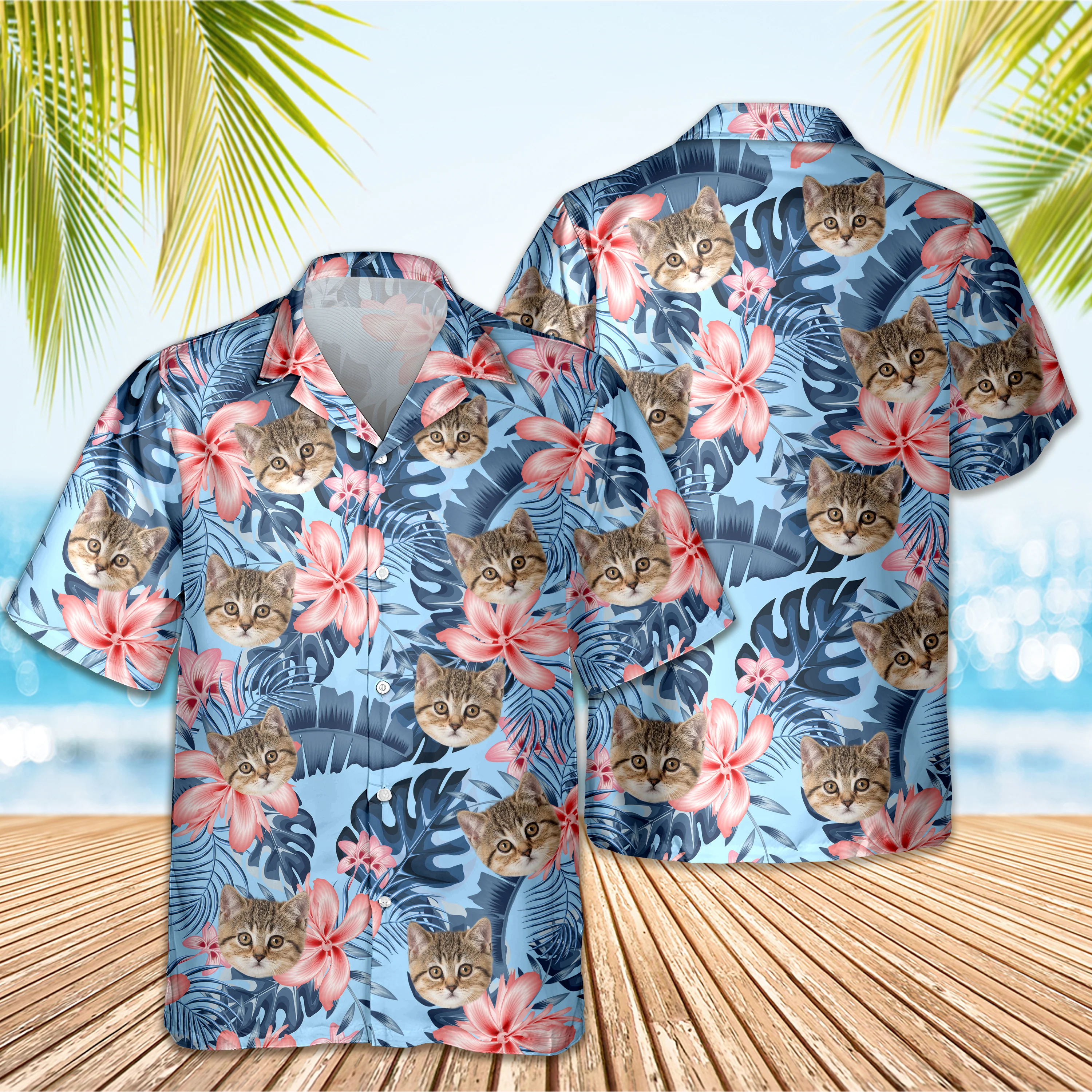 Custom Photo Funny Face Cat Tropical Floral Hawaii Shirt HA75 892262 - Image 5