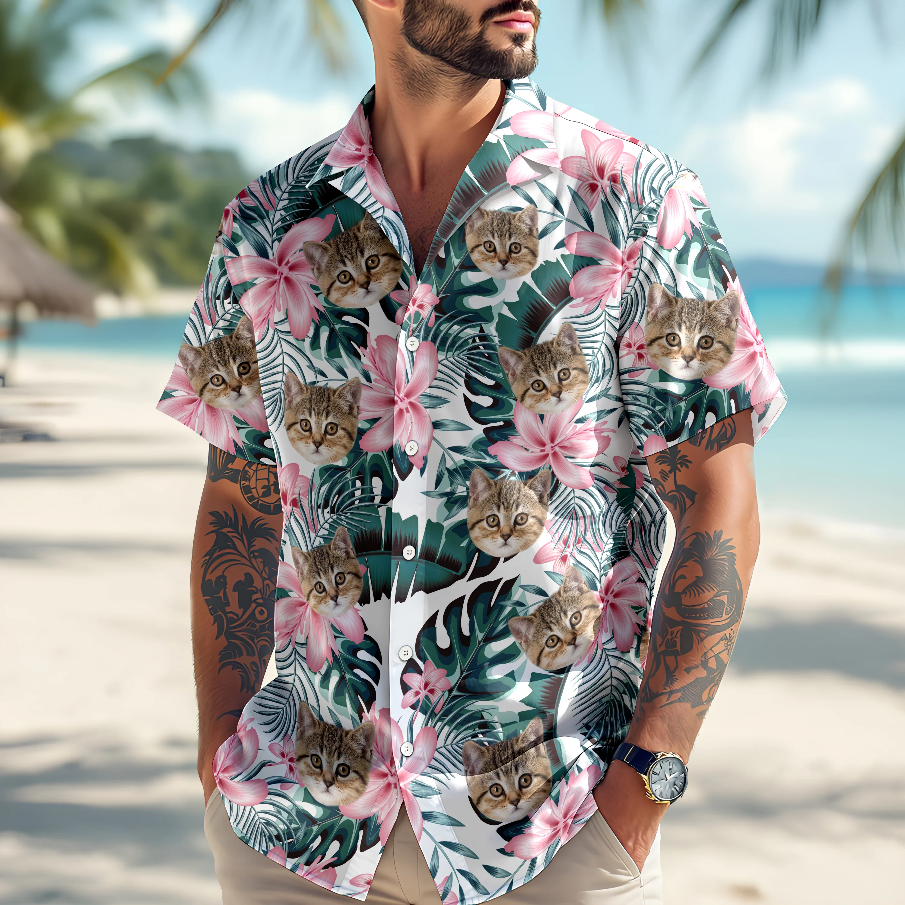 Custom Photo Funny Face Cat Tropical Floral Hawaii Shirt HA75 892262 - Image 8