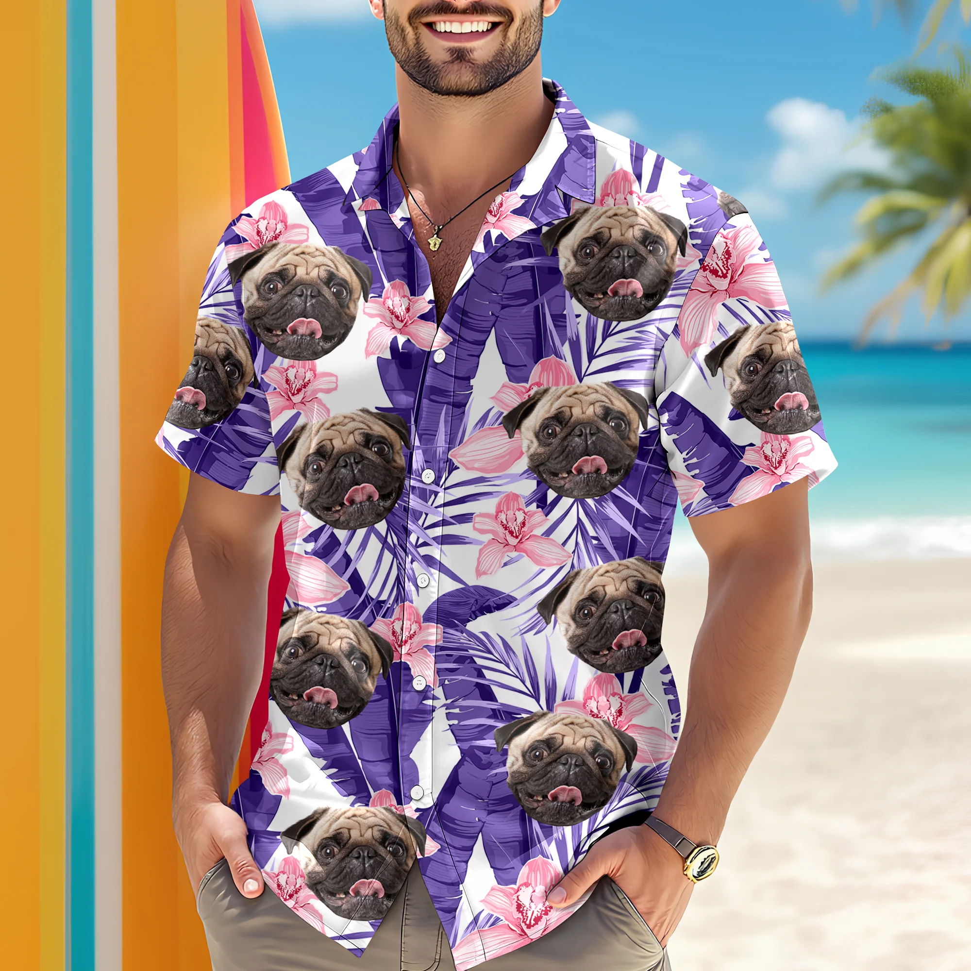 Custom Photo Funny Face Dog Cat Family Vacation Tropical Pattern Hawaii Shirt HA75 892308 - Image 10