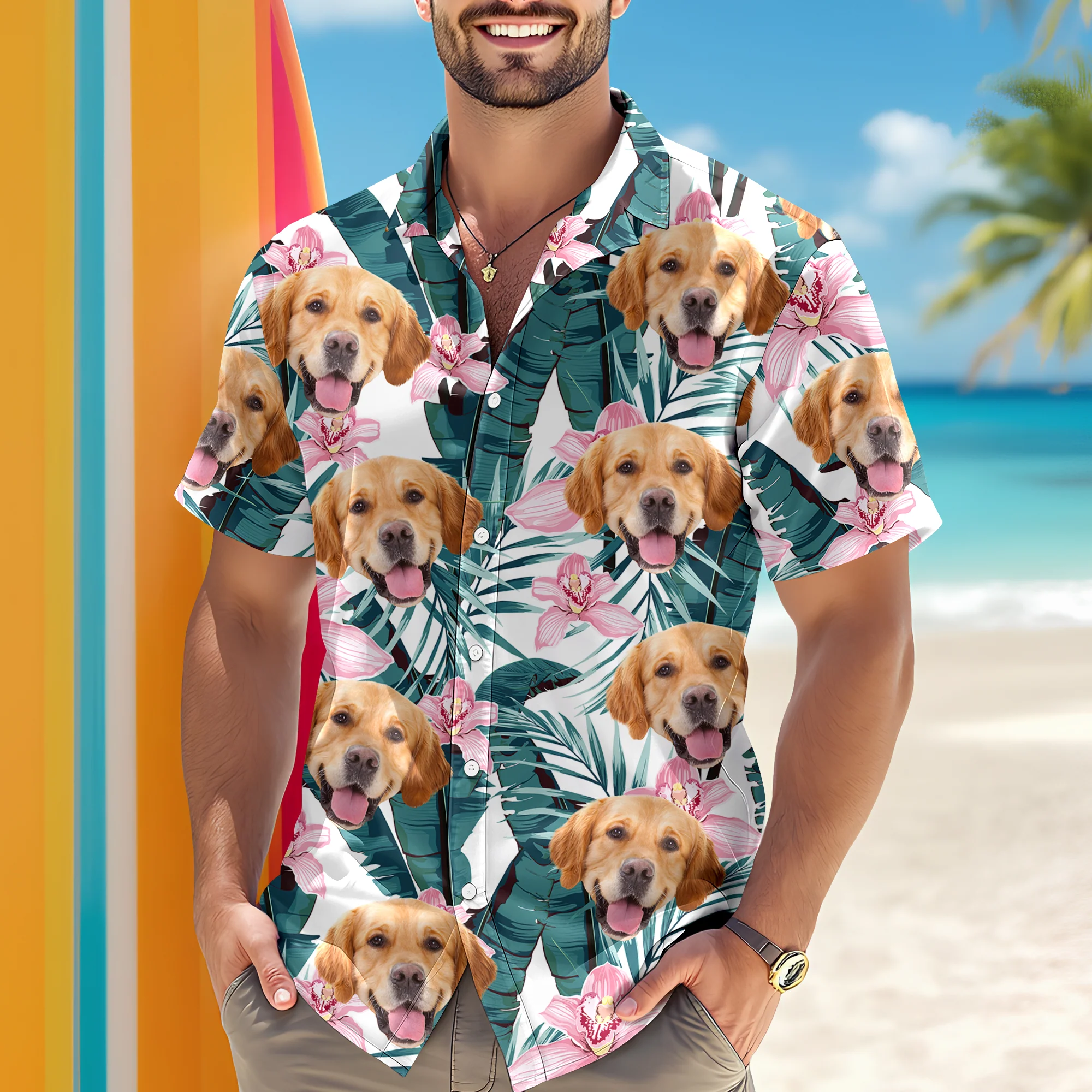 Custom Photo Funny Face Dog Cat Family Vacation Tropical Pattern Hawaii Shirt HA75 892308 - Image 4