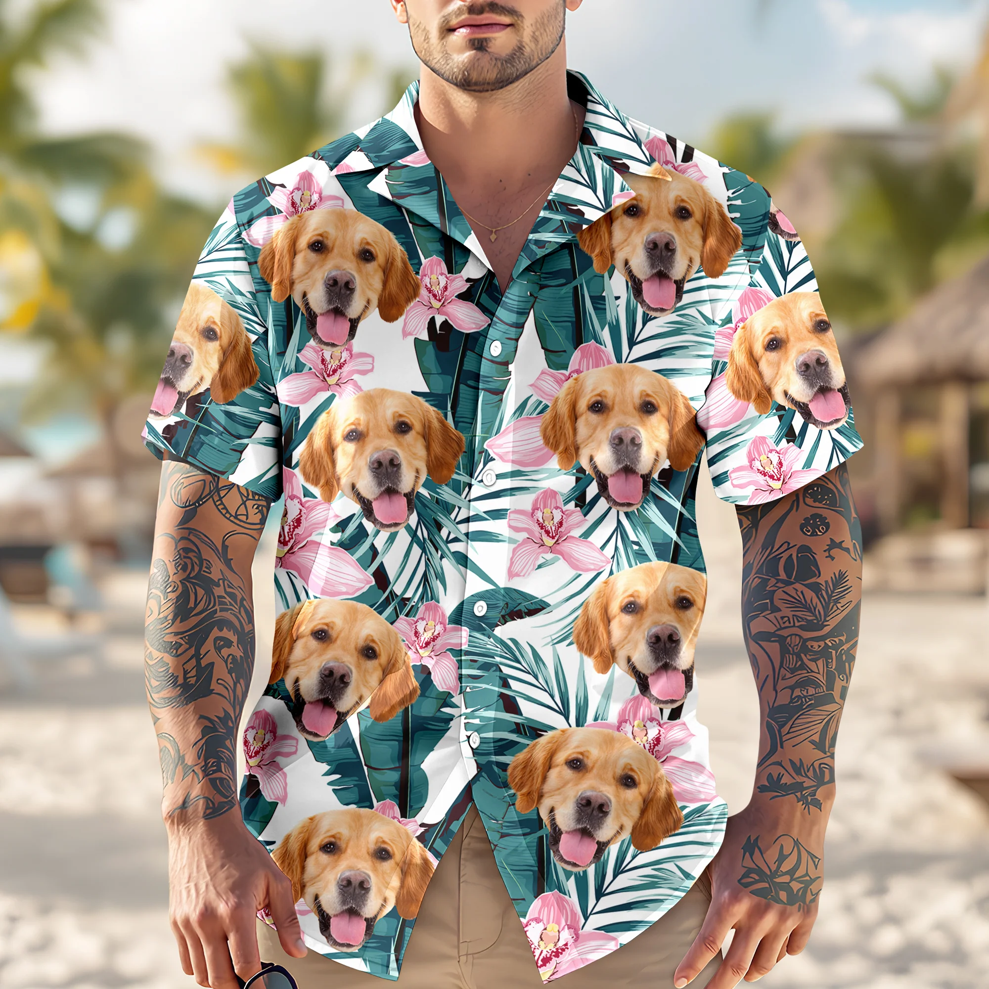 Custom Photo Funny Face Dog Cat Family Vacation Tropical Pattern Hawaii Shirt HA75 892308 - Image 6