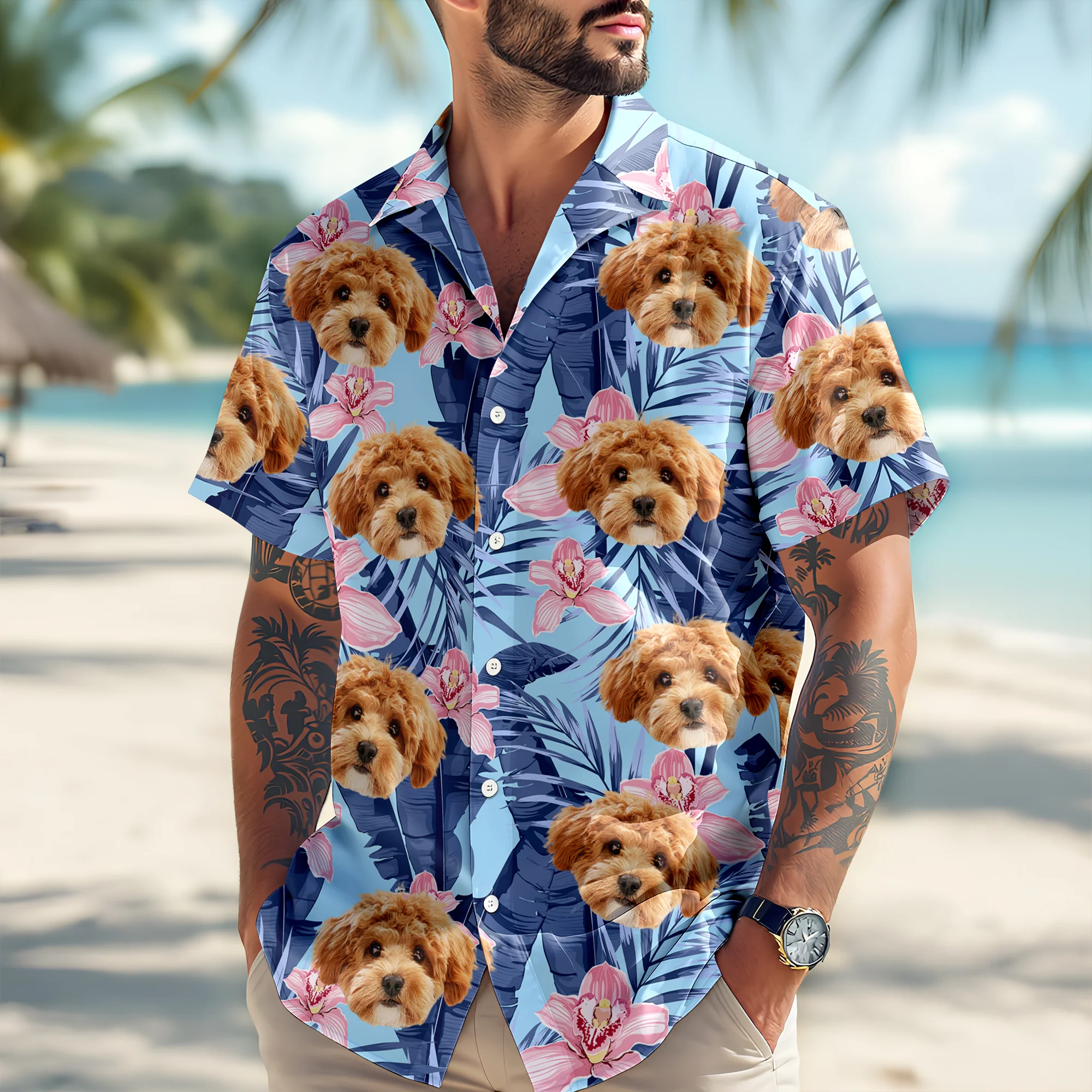 Custom Photo Funny Face Dog Cat Family Vacation Tropical Pattern Hawaii Shirt HA75 892308 - Image 8