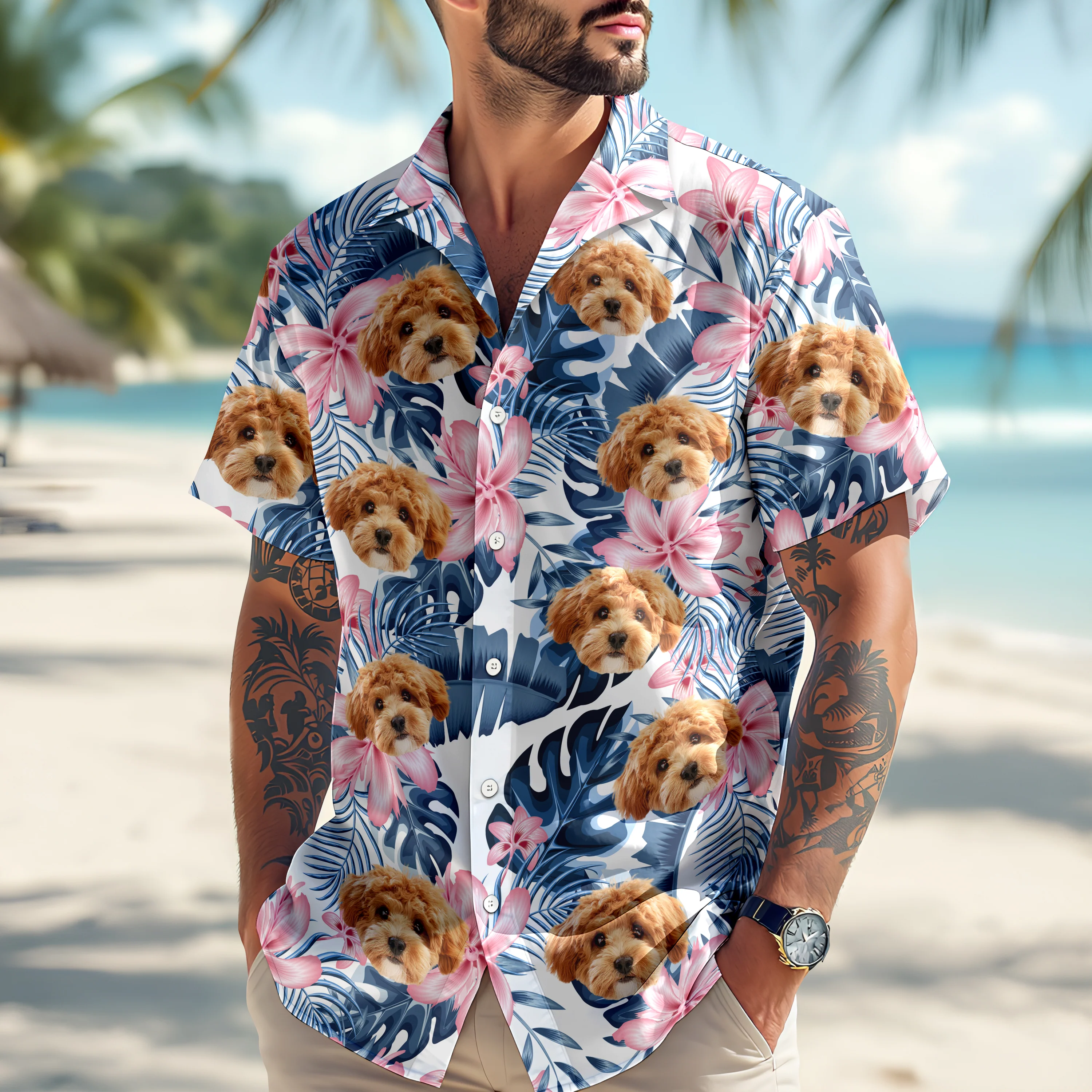 Custom Photo Funny Face Dog Tropical Floral Hawaii Shirt HA75 892260 - Image 3