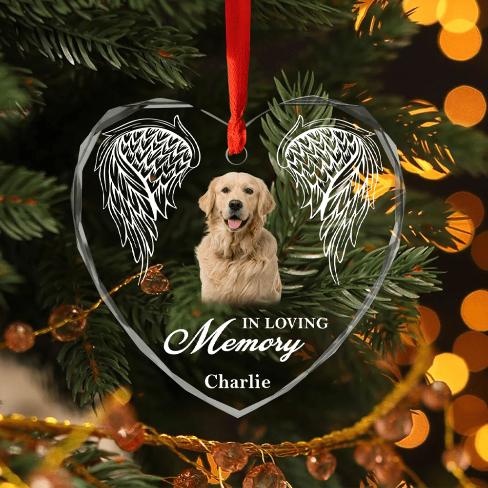 Custom Photo In Loving Memory Angel Wings Dog Cat Pet Heart Shaped Glass Ornament For Christmas HA75 891566 - Image 3
