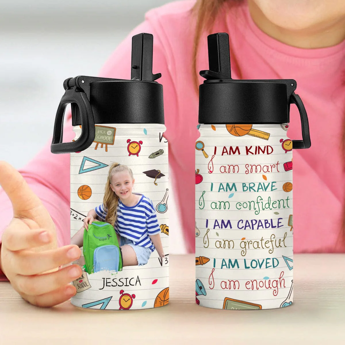 Custom Photo Kid Smart Kind & Brave Kid Water Bottle With Straw HA75 891218 - Image 2