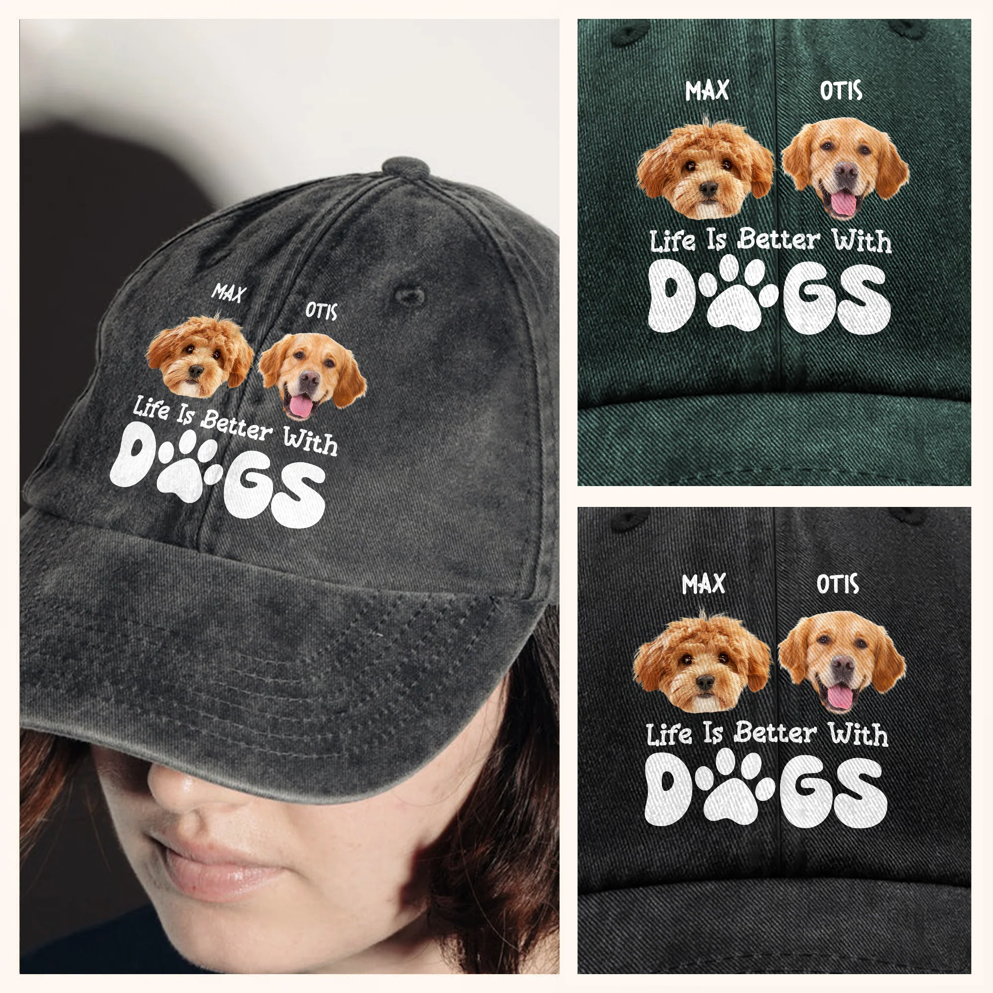 Custom Photo Life Is Better With Dogs Washed Denim Baseball Cap HA75 892582 - Image 2