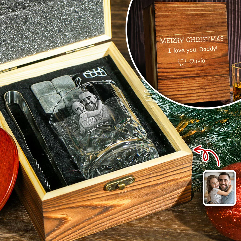 Custom Photo Merry Christmas I Love You Engraved Whiskey Glass Set with Wooden Box HA75 898032 - Image 5