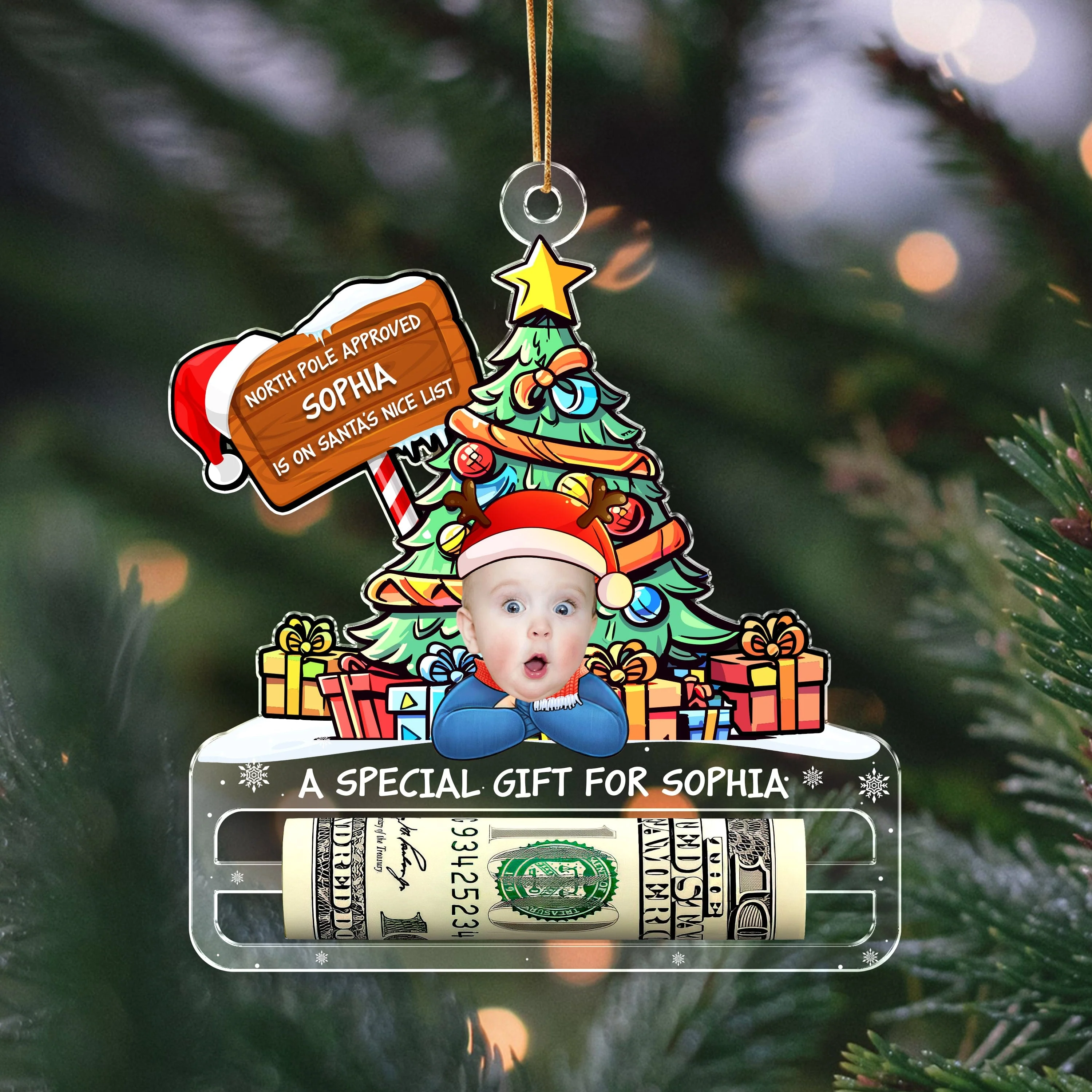 Custom Photo Nice List Santa Christmas Acrylic Money Holder Ornament HA75 891536