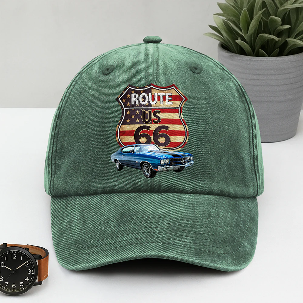 Custom Photo Route US 66 Car Washed Denim Baseball Cap HA75 897810 - Image 2