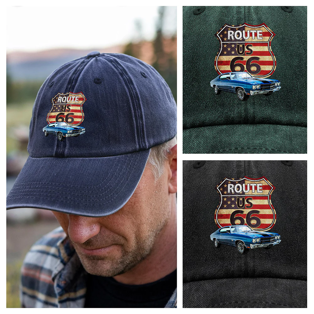 Custom Photo Route US 66 Car Washed Denim Baseball Cap HA75 897810 - Image 3