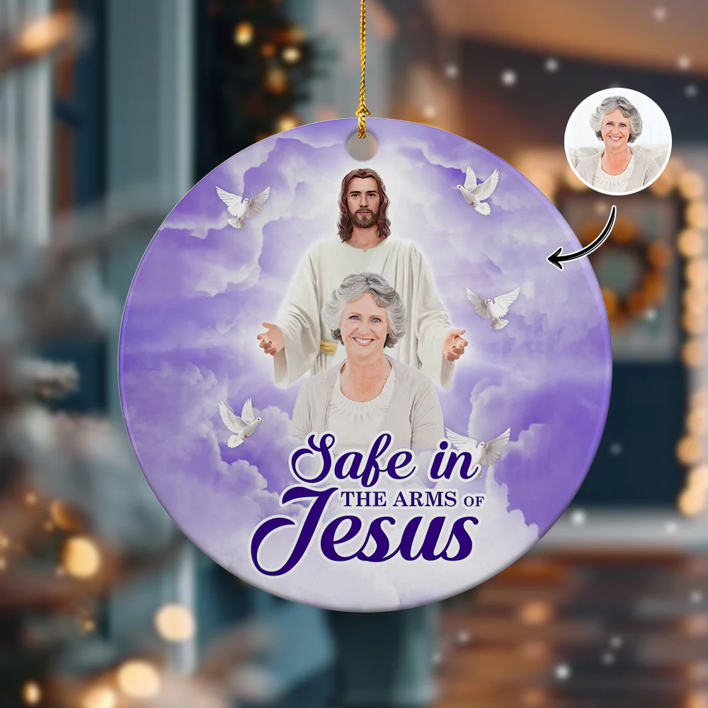 Custom Photo Safe In The Arms Of Jesus Memorial Ceramic Ornament For Christmas HA75 897516 - Image 2