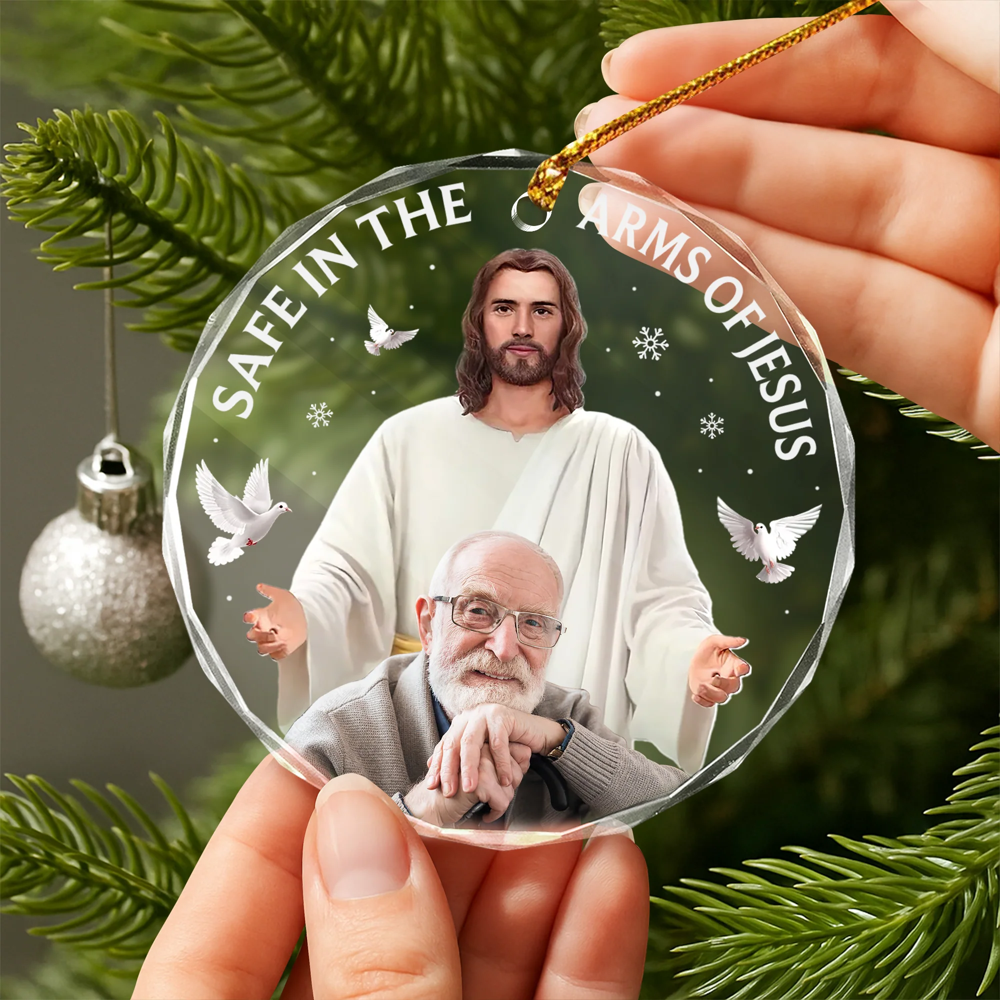 Custom Photo Safe In The Arms Of Jesus Memorial Glass Ornament HA75 897864 - Image 2