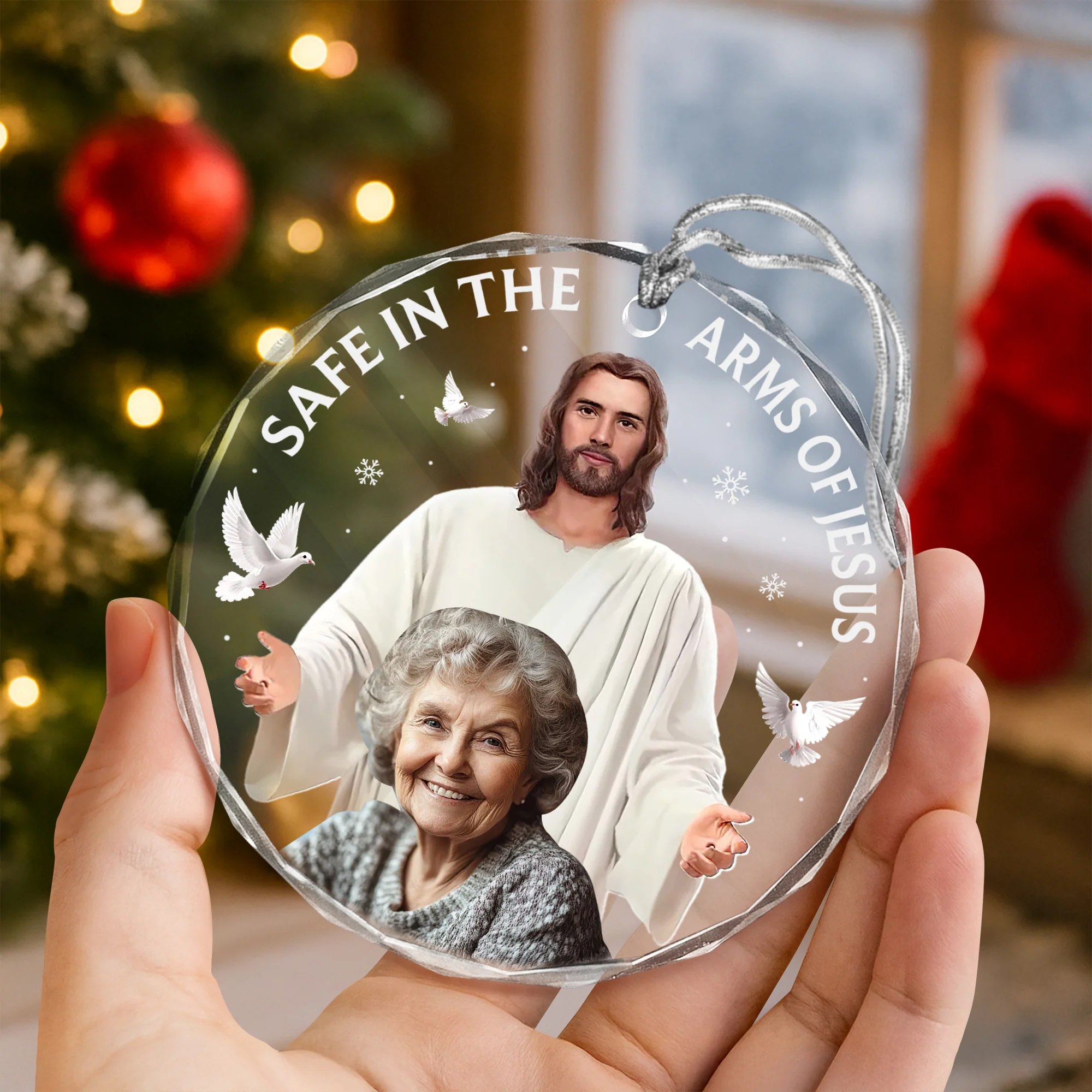 Custom Photo Safe In The Arms Of Jesus Memorial Glass Ornament HA75 897864 - Image 3
