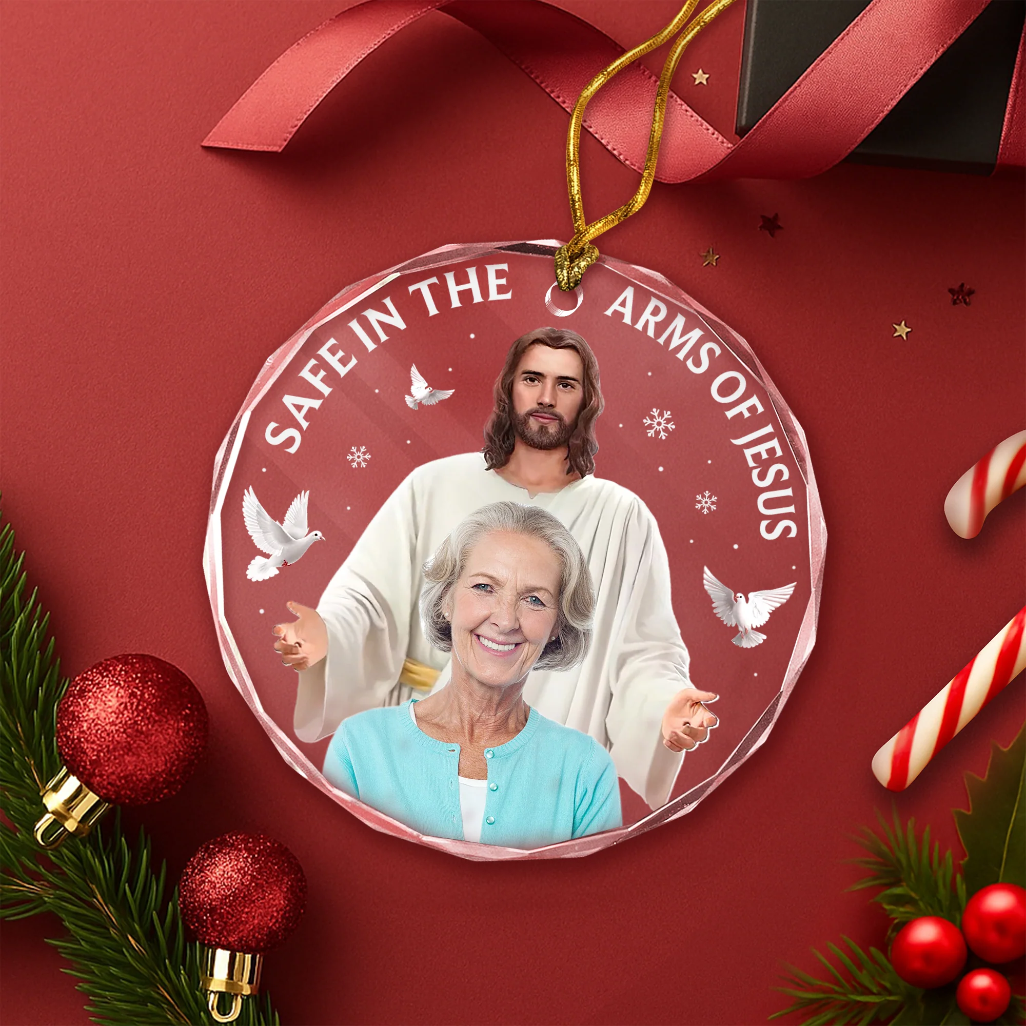 Custom Photo Safe In The Arms Of Jesus Memorial Glass Ornament HA75 897864 - Image 5