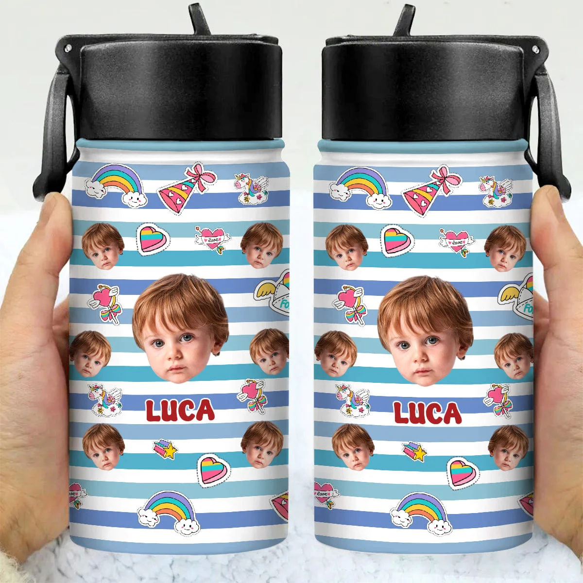 Custom Photo Stripes And Adorable Pattern Kid Water Bottle With Straw HA75 891270