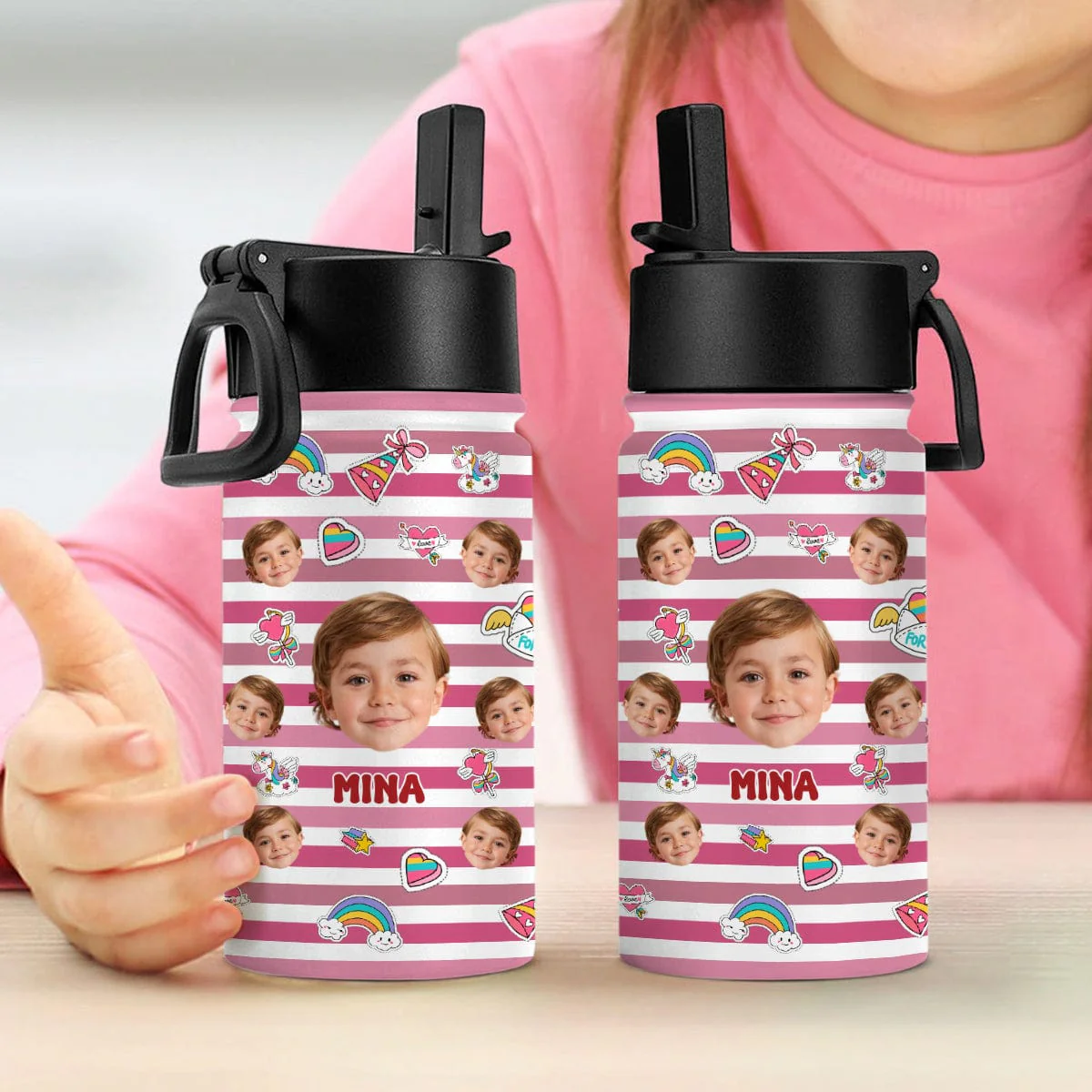 Custom Photo Stripes And Adorable Pattern Kid Water Bottle With Straw HA75 891270 - Image 2