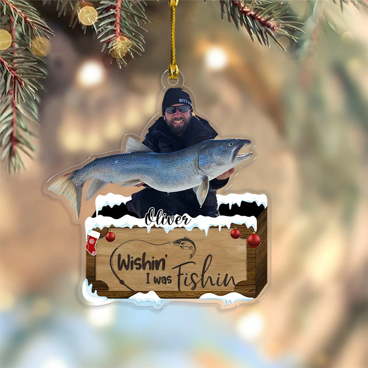 Custom Photo Wishin' I Was Fishing Acrylic Ornament HA75 891190