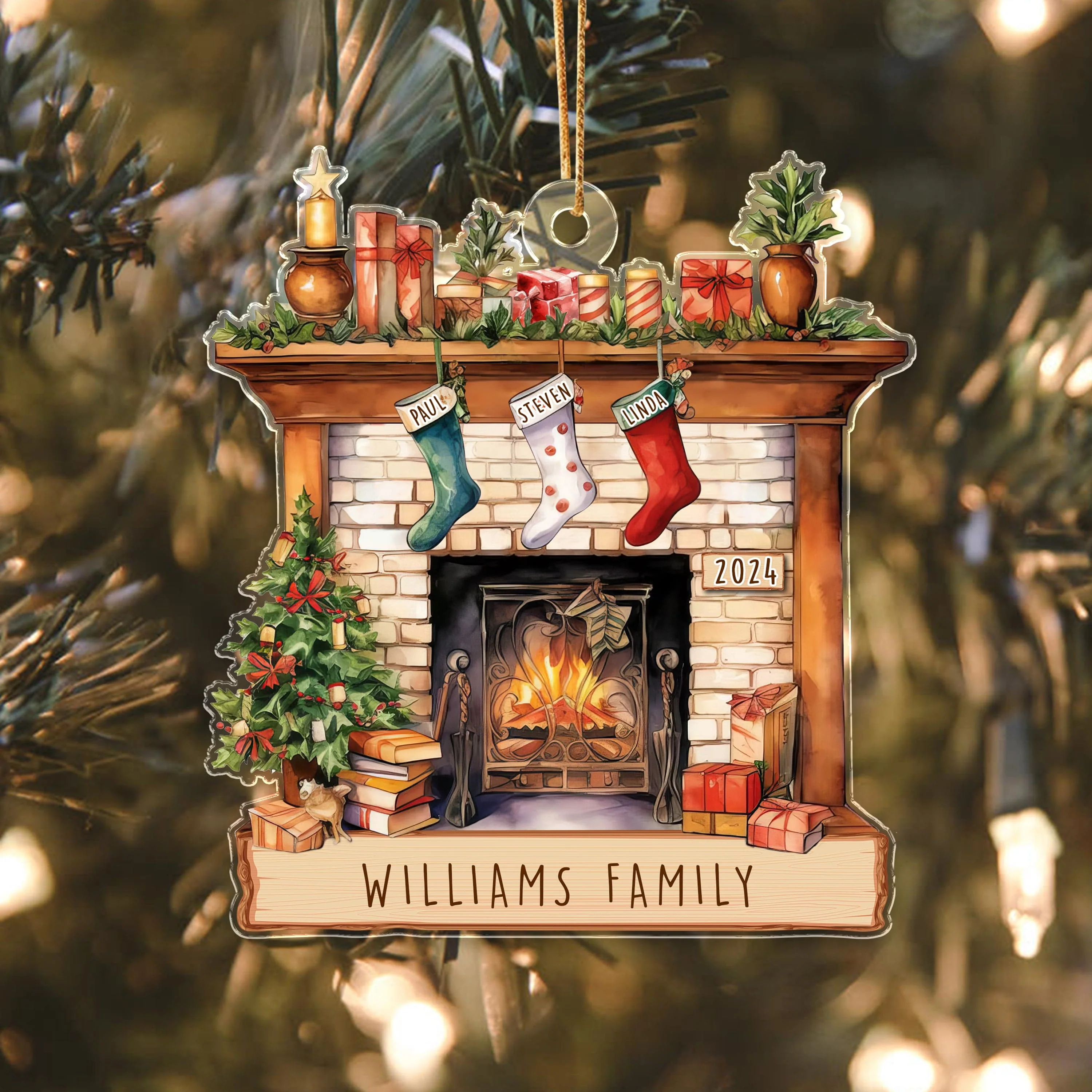 Family Stockings on Fireplace Christmas Acrylic Ornament N304 HA75 891416