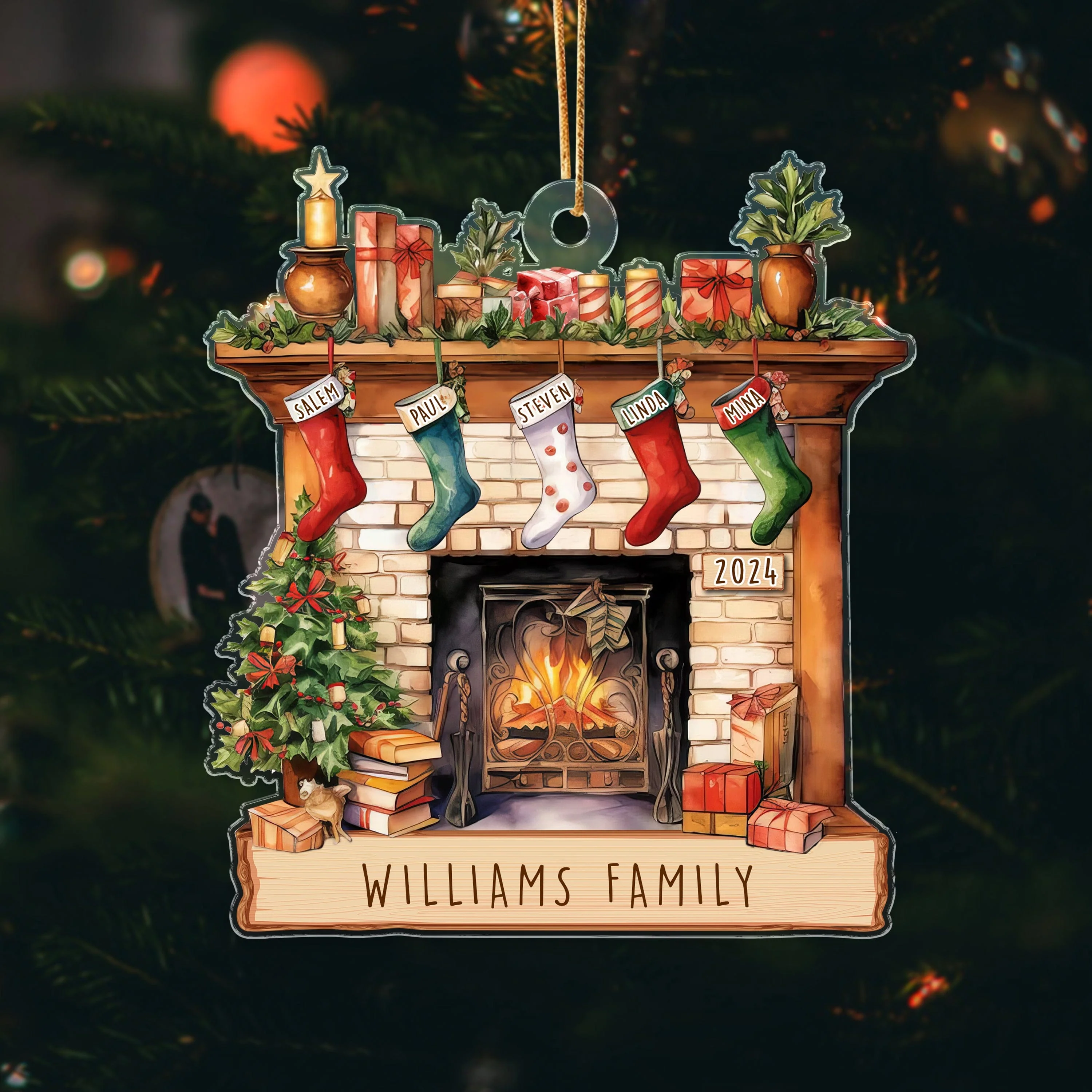 Family Stockings on Fireplace Christmas Acrylic Ornament N304 HA75 891416 - Image 2