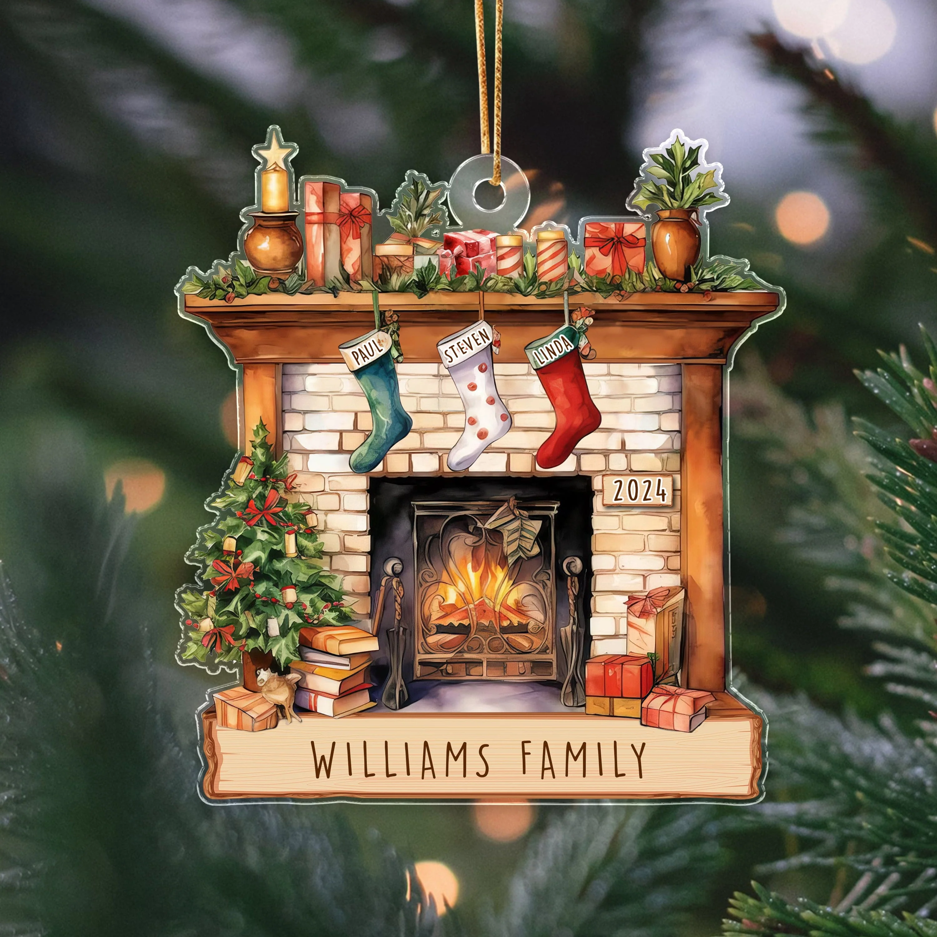 Family Stockings on Fireplace Christmas Acrylic Ornament N304 HA75 891416 - Image 3