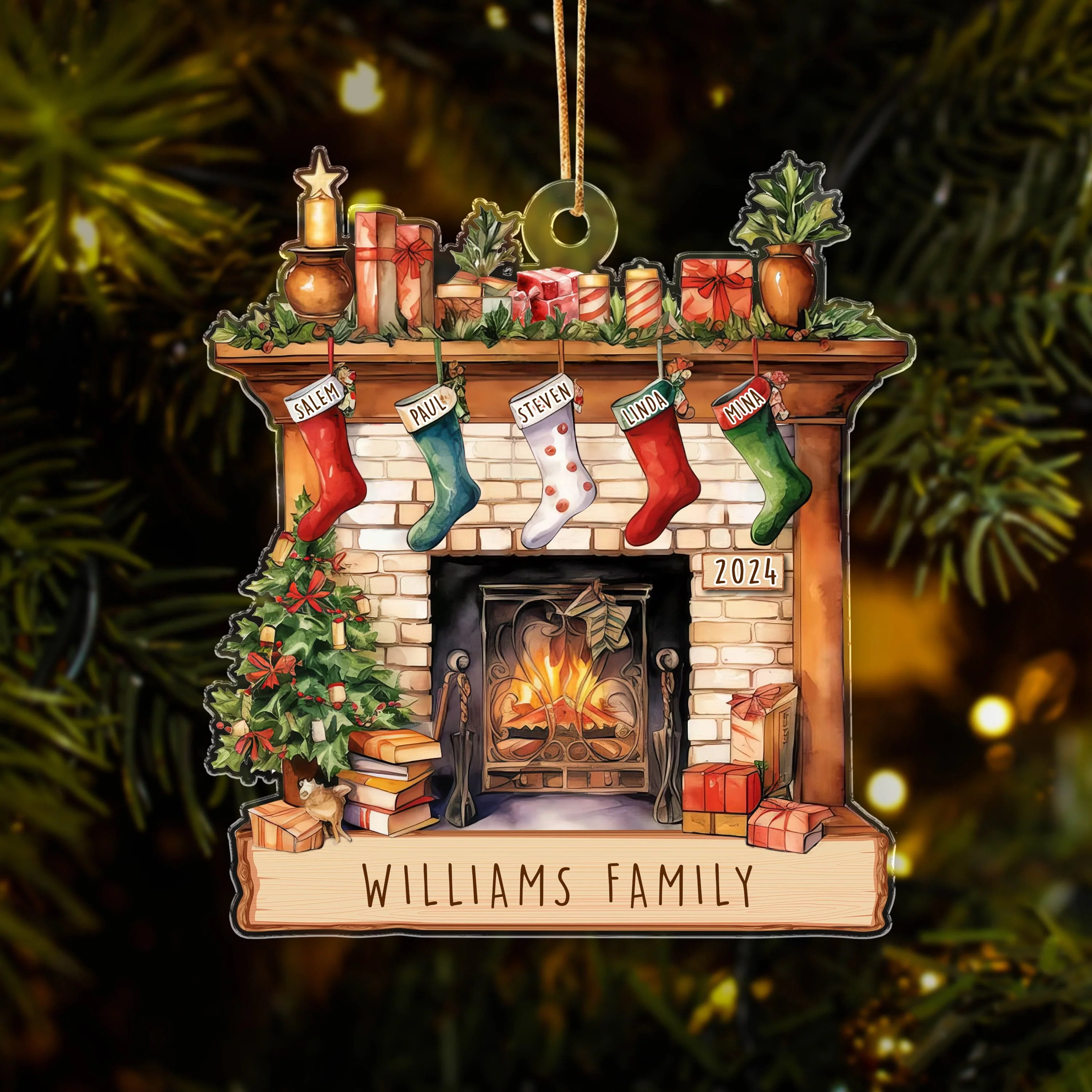 Family Stockings on Fireplace Christmas Acrylic Ornament N304 HA75 891416 - Image 4