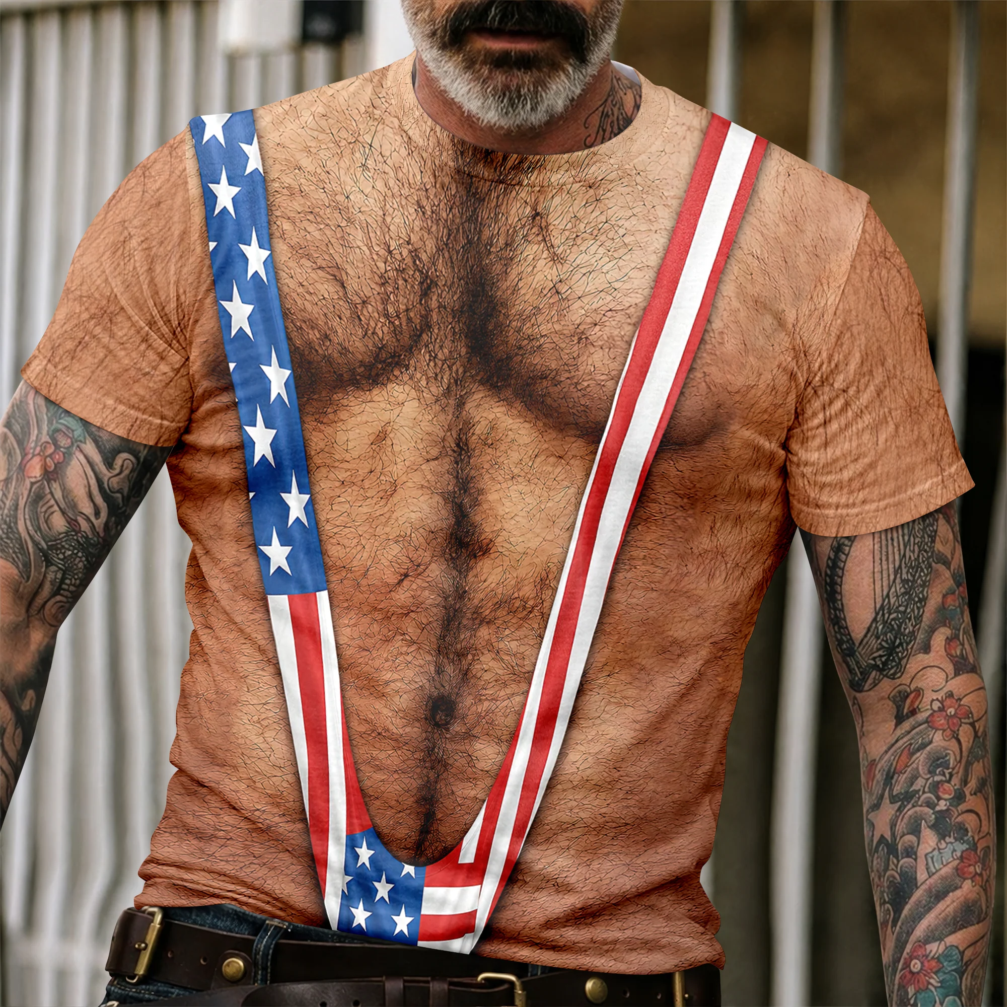 Hairy Body USA Flag Swimsuit 3D Shirt for Men, Funny Patriotic Mankini Tee HA75 921786 - Image 2