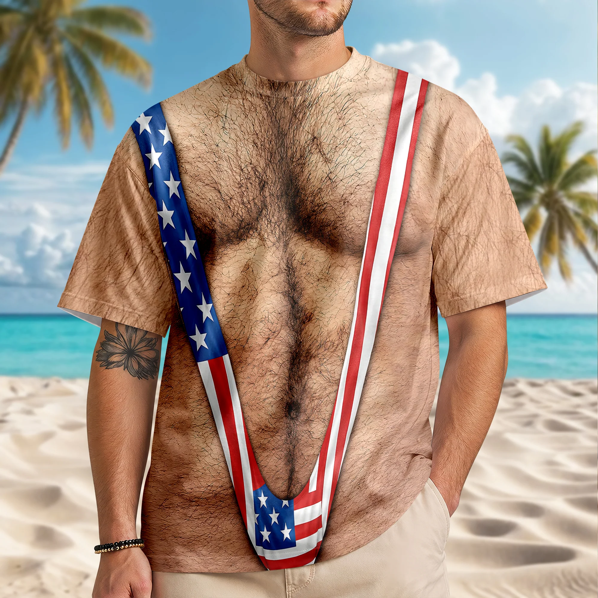 Hairy Body USA Flag Swimsuit 3D Shirt for Men, Funny Patriotic Mankini Tee HA75 921786 - Image 3