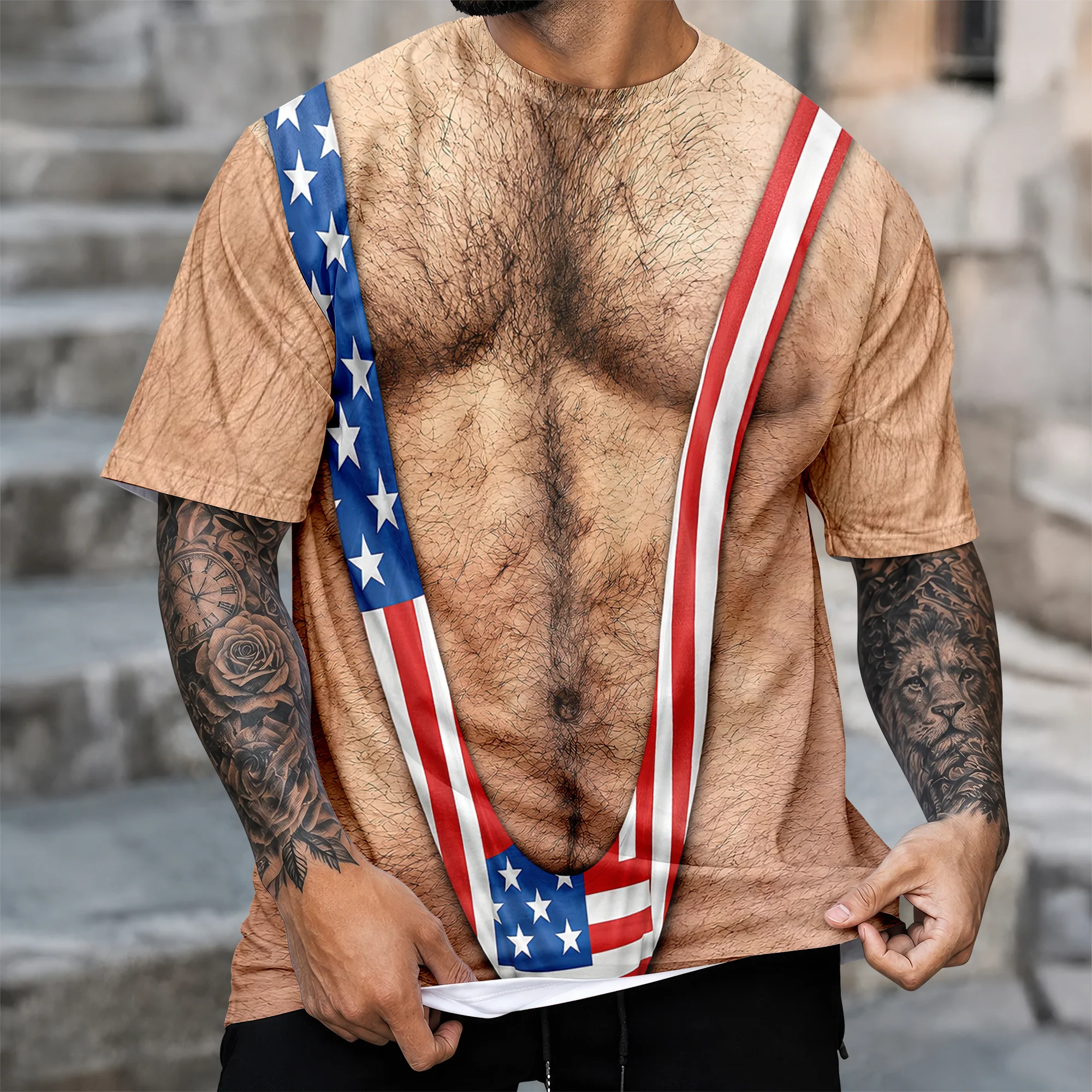 Hairy Body USA Flag Swimsuit 3D Shirt for Men, Funny Patriotic Mankini Tee HA75 921786 - Image 7