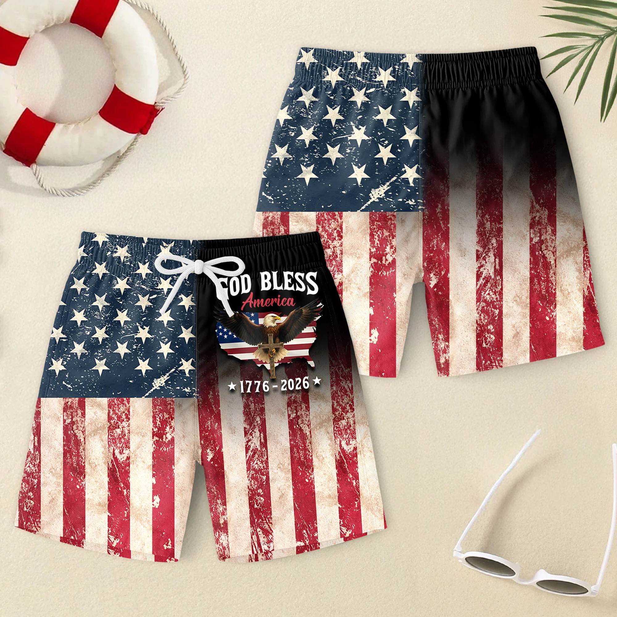 Patriotic 250th Anniversary God Bless America Eagle 1776–2026 Beach Short HA75 921044 - Image 5