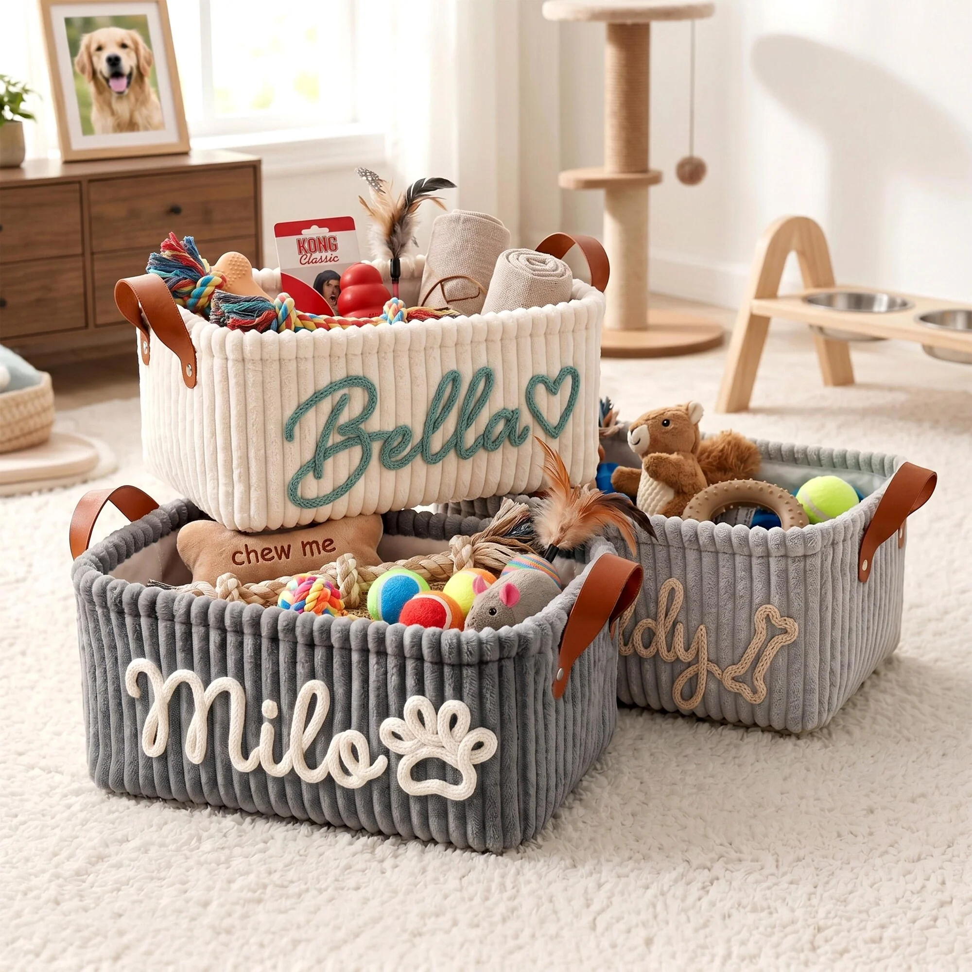 Personalized Dog Cat Pet Rectangle Toy Basket – Corduroy Pet Organizer with Name HA75 921704 - Image 6