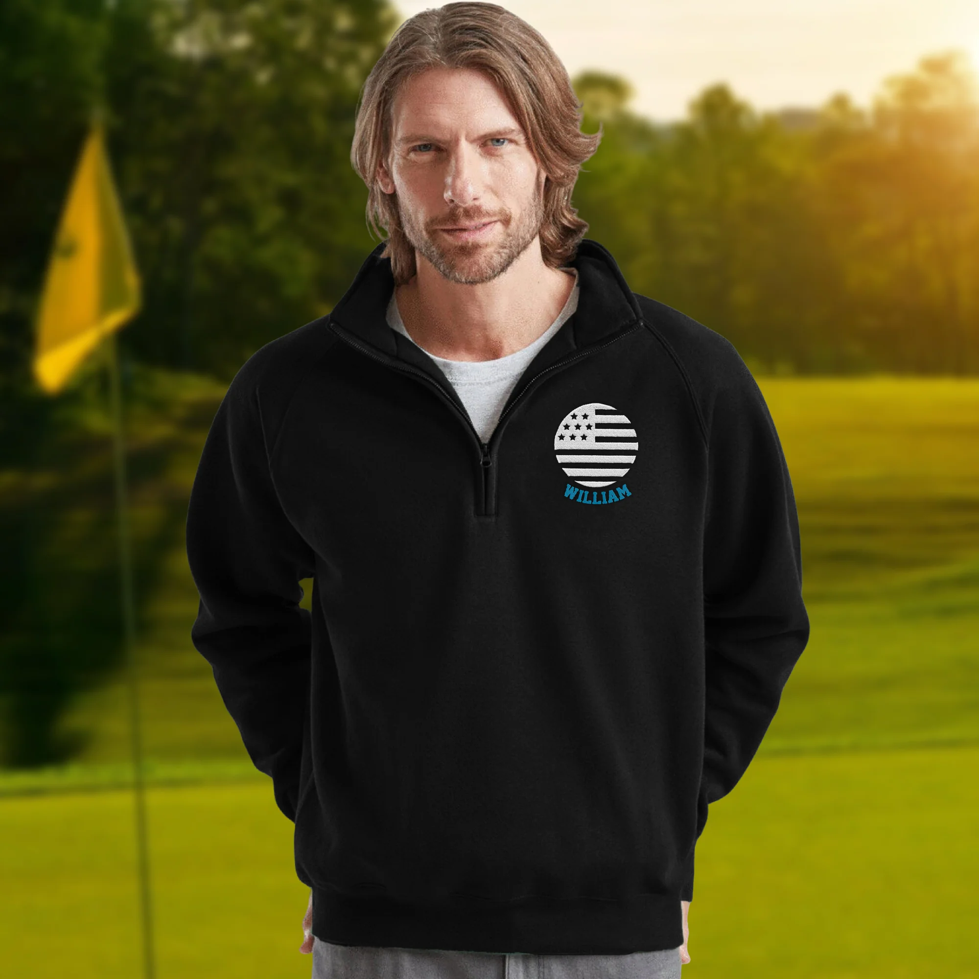 Personalized Name US Flag Embroidered Quarter Zip Sweater, Unique Enthusiast Gift HA75 898634 - Image 3